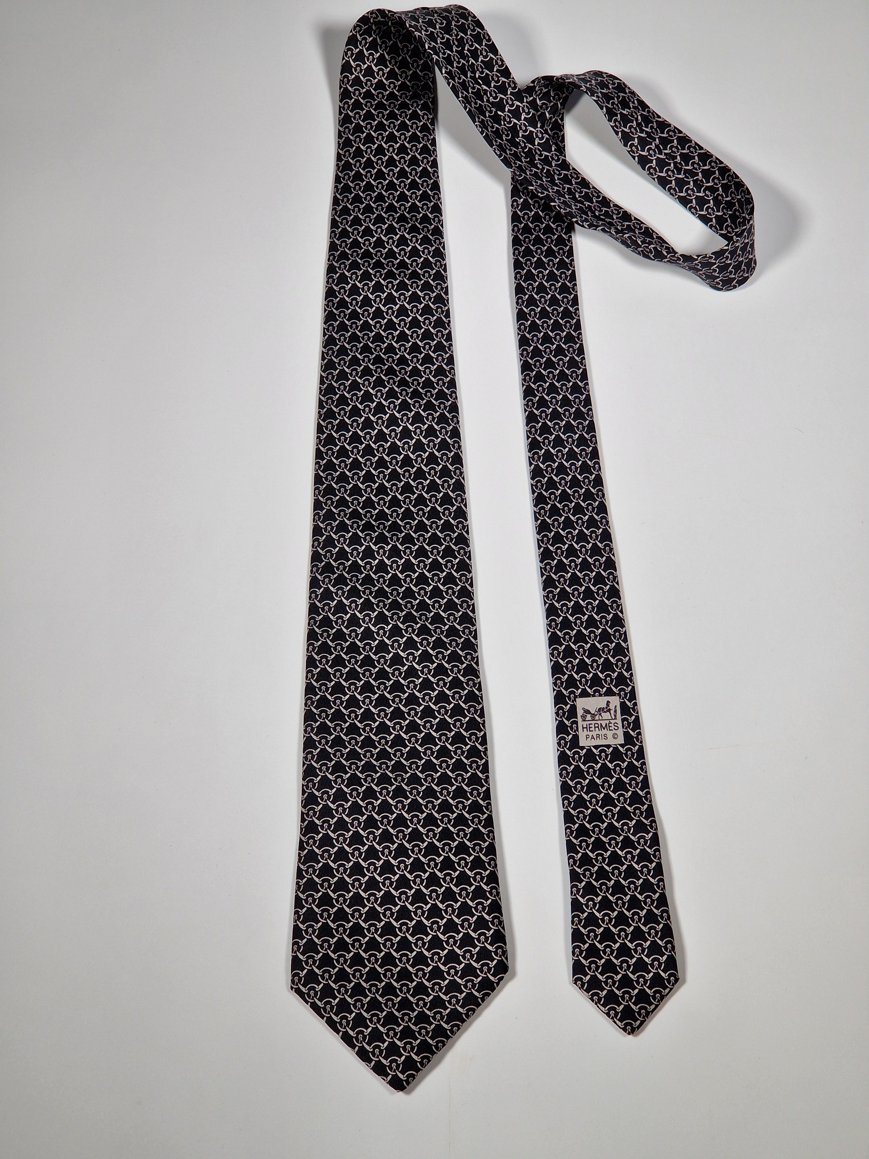 Hermès silk tie black equestrian pattern 5200 IA