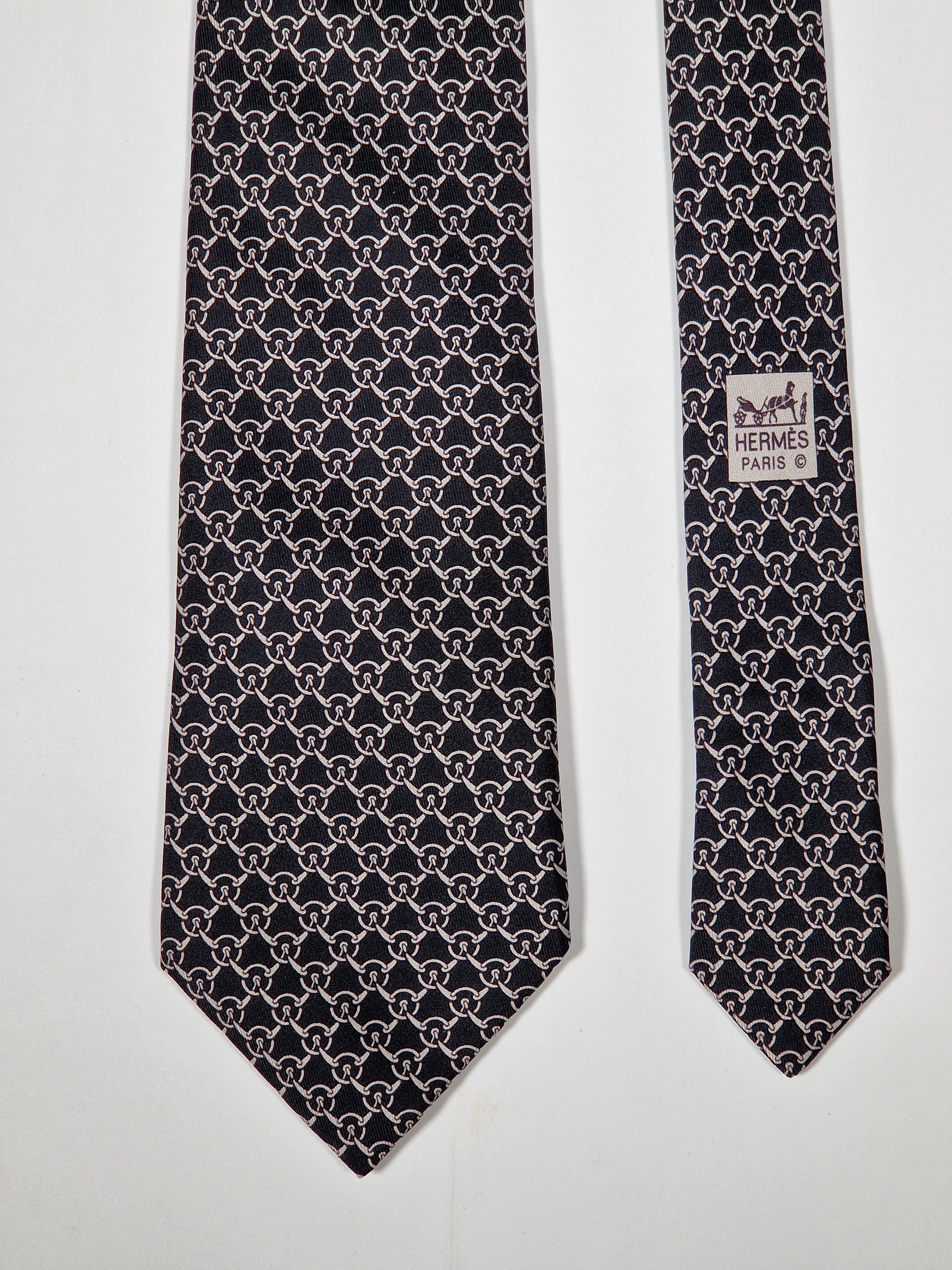 Hermès silk tie black equestrian pattern 5200 IA