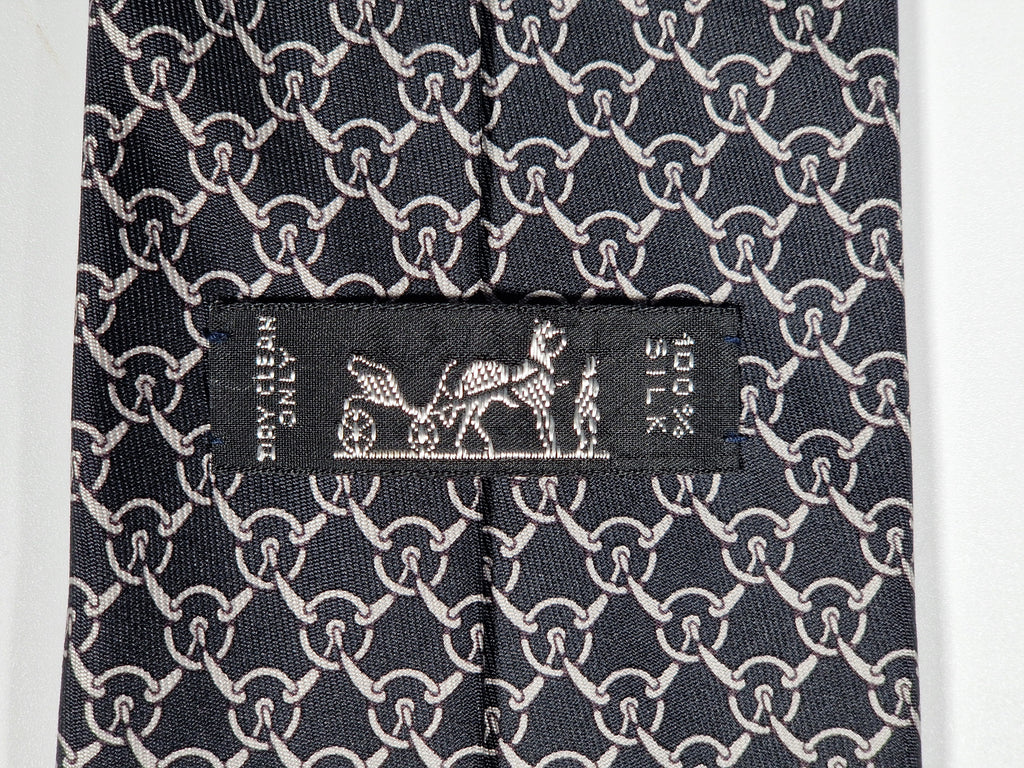 Hermès silk tie black equestrian pattern 5200 IA