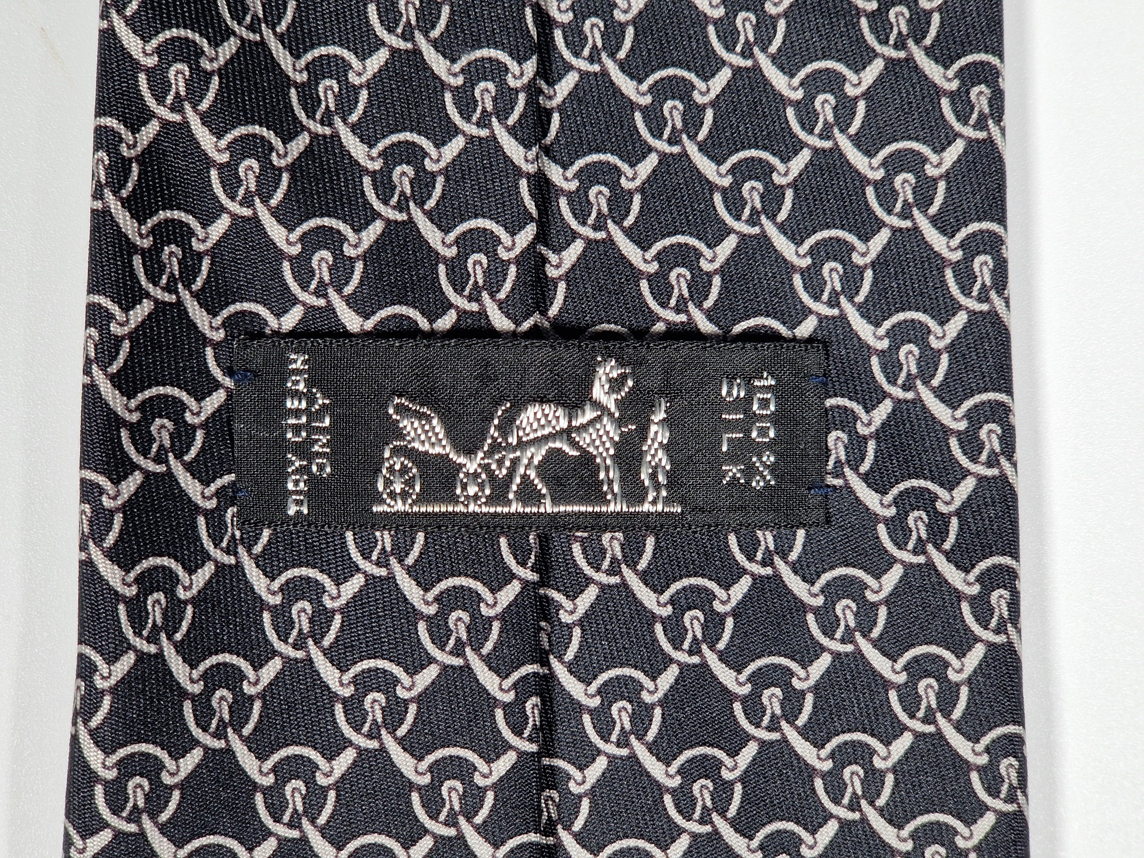 Hermès silk tie black equestrian pattern 5200 IA