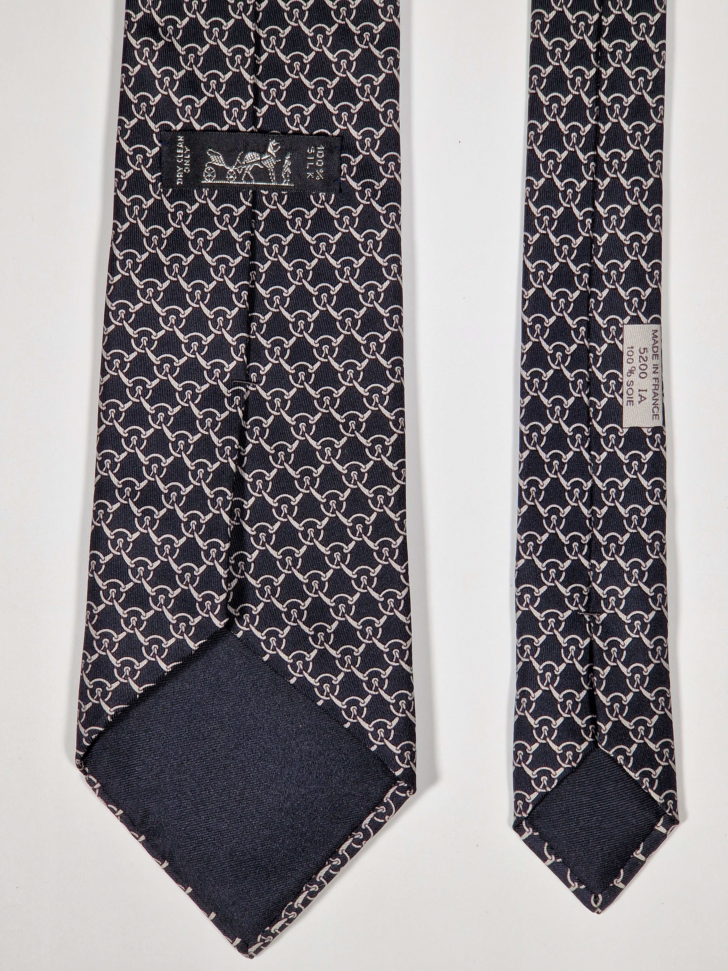 Hermès silk tie black equestrian pattern 5200 IA