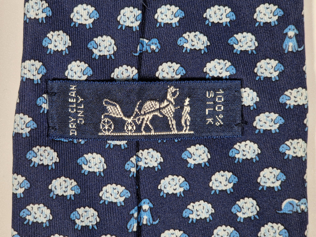 005209 Hermès tie blue dog and sheeps whimsical pattern 5209 IA