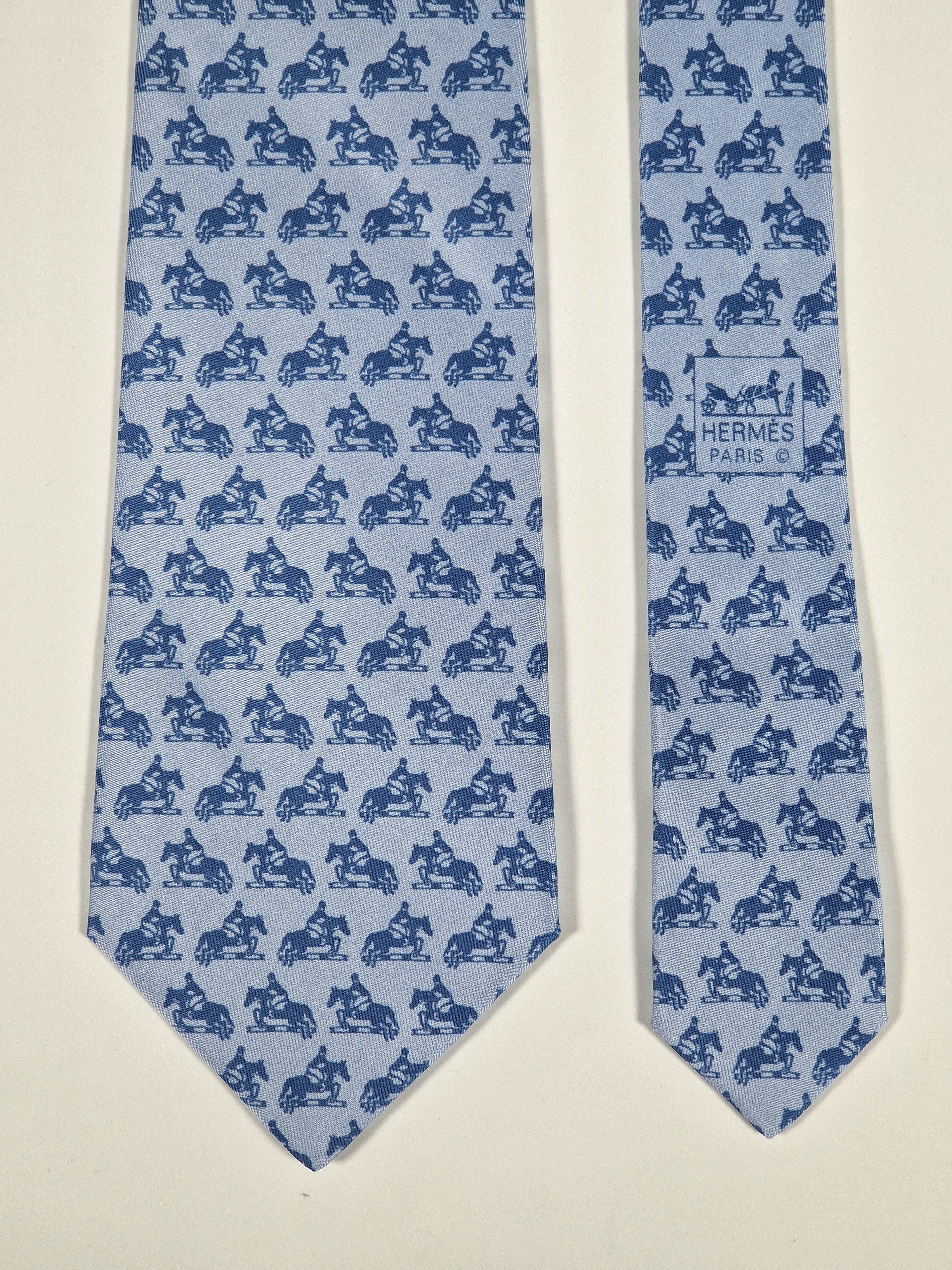 Hermès silk tie blue horse jumping Hermès 5227 IA