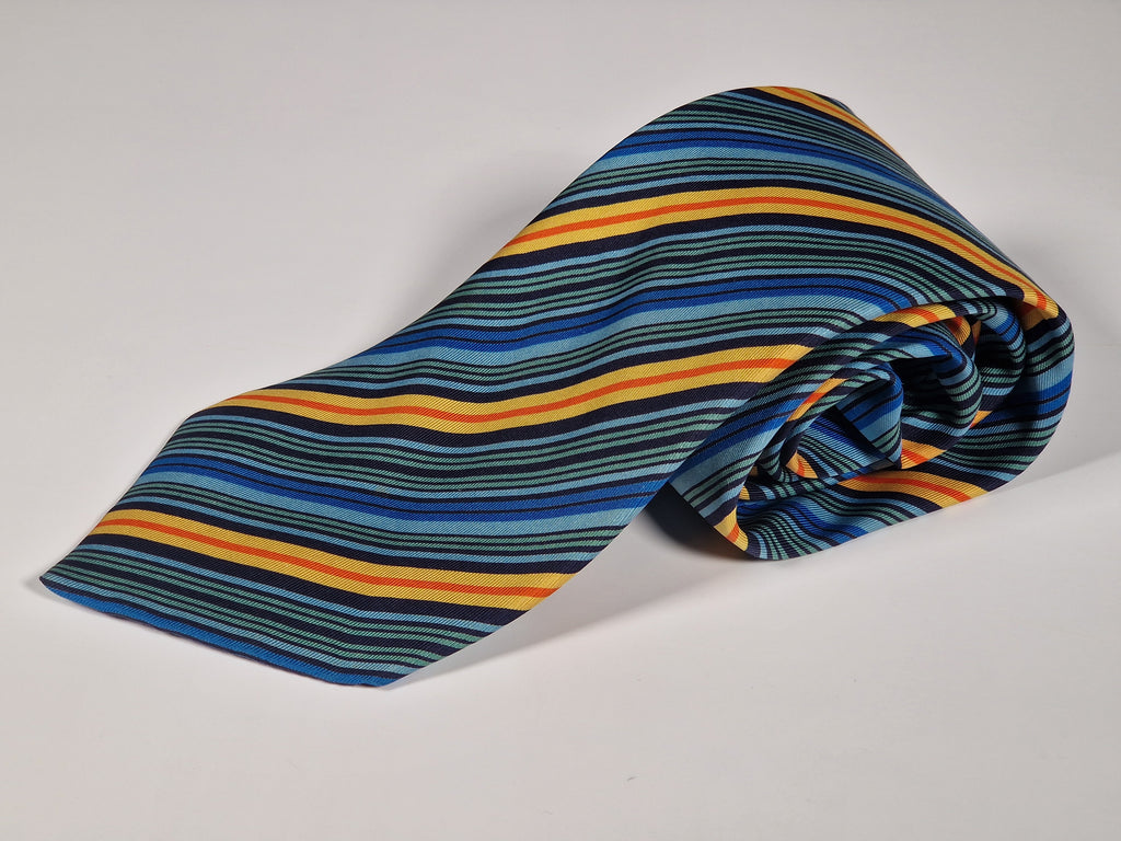 Hermès silk tie blue orangen green striped Hermès 5228 IA tie blue