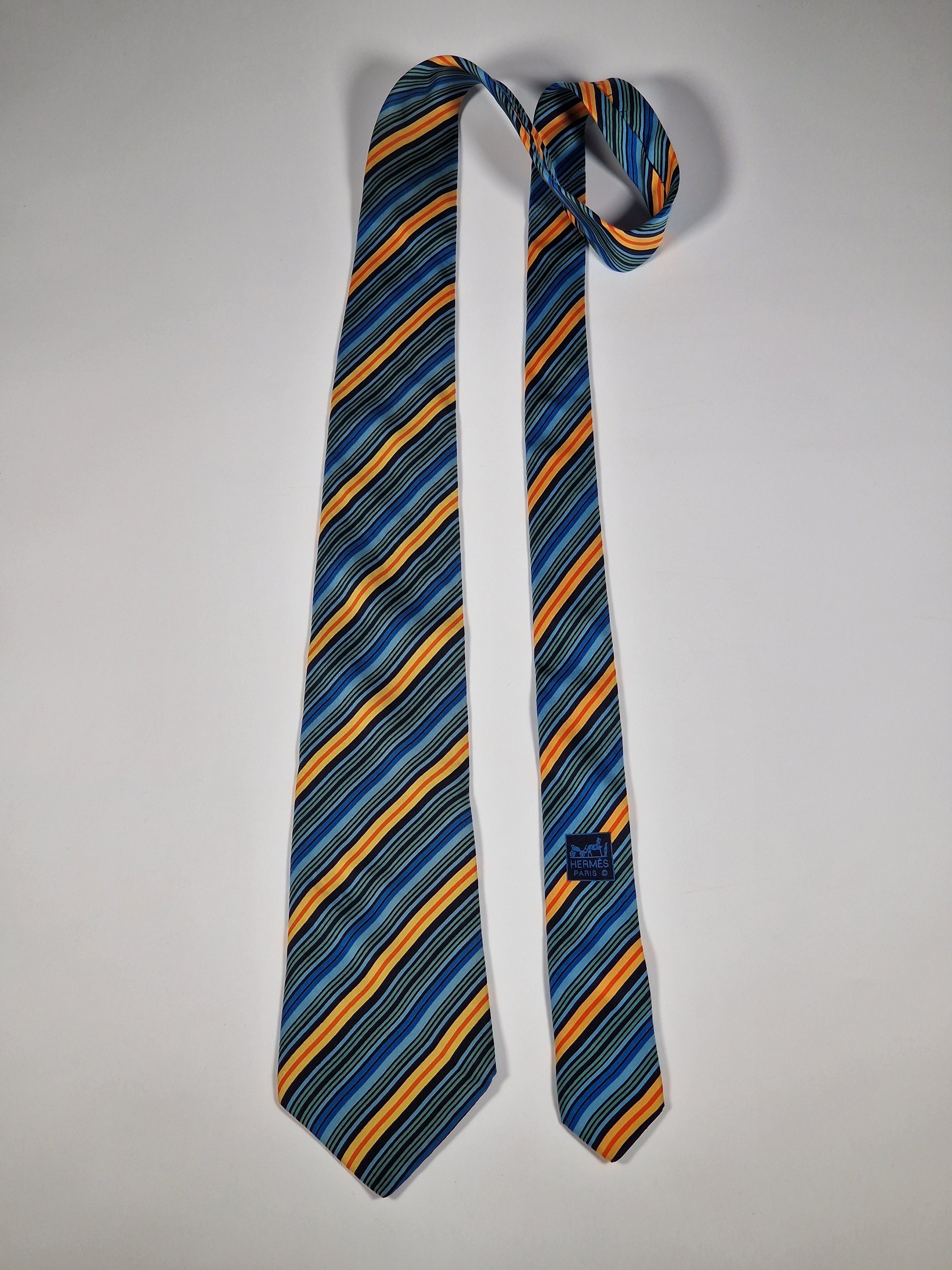 Hermès silk tie blue orangen green striped Hermès 5228 IA tie blue