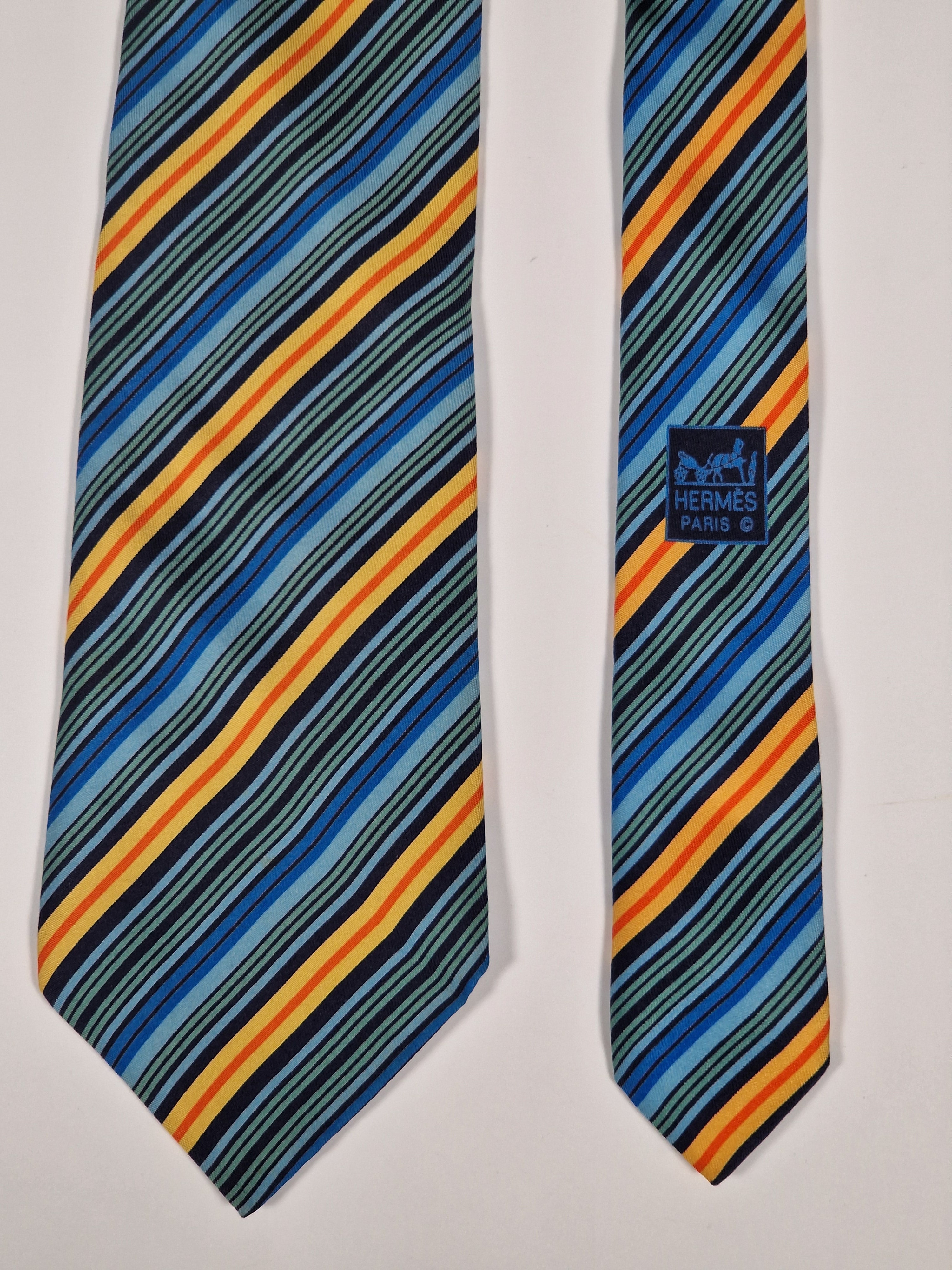 Hermès silk tie blue orangen green striped Hermès 5228 IA tie blue