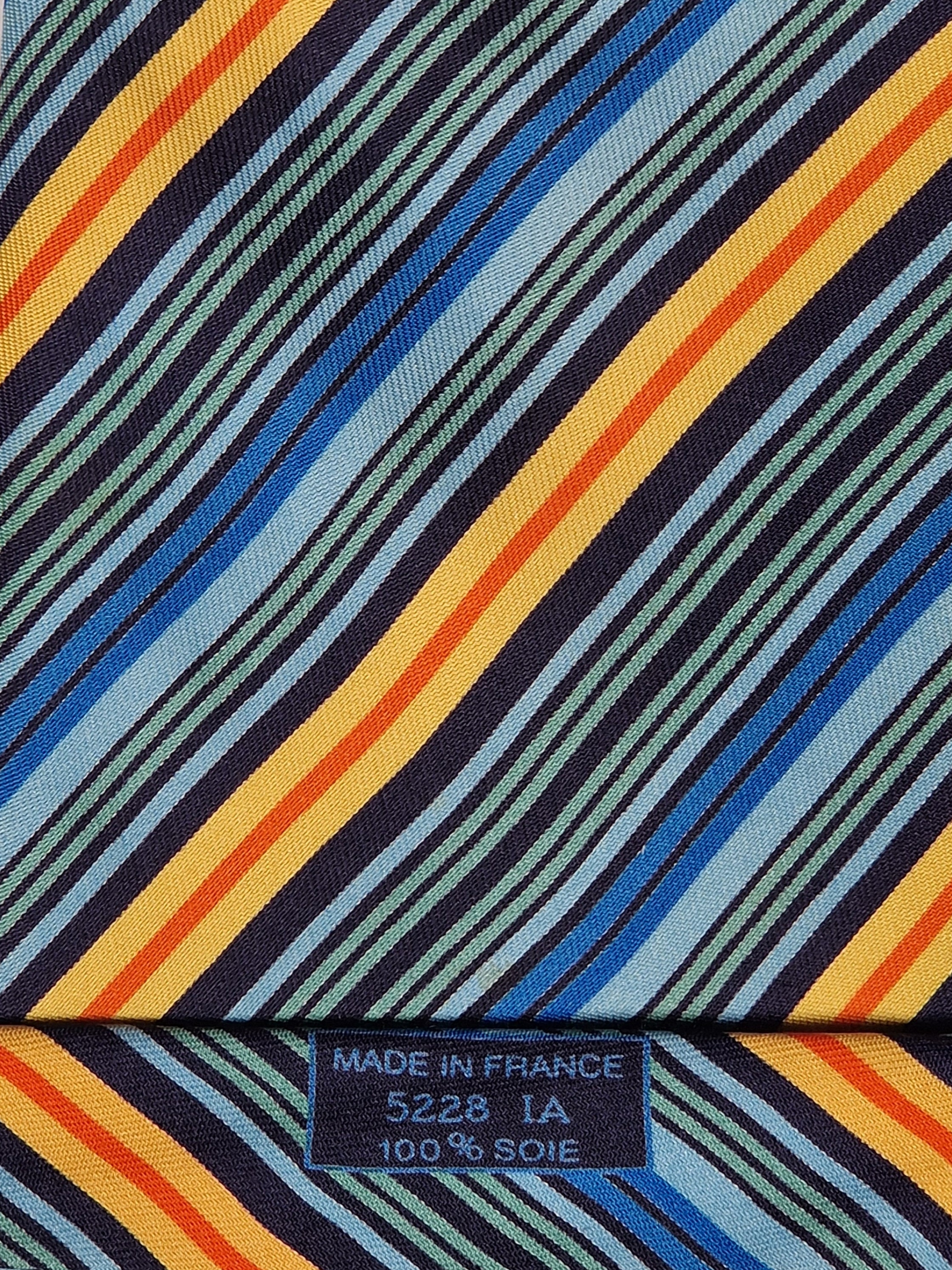 Hermès silk tie blue orangen green striped Hermès 5228 IA tie blue