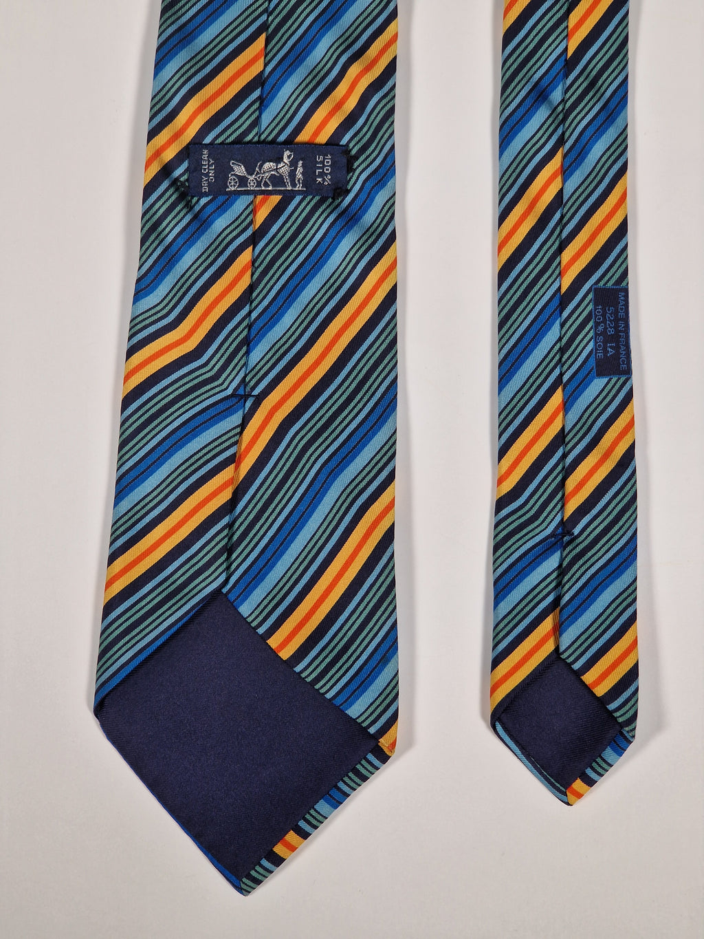 Hermès silk tie blue orangen green striped Hermès 5228 IA tie blue