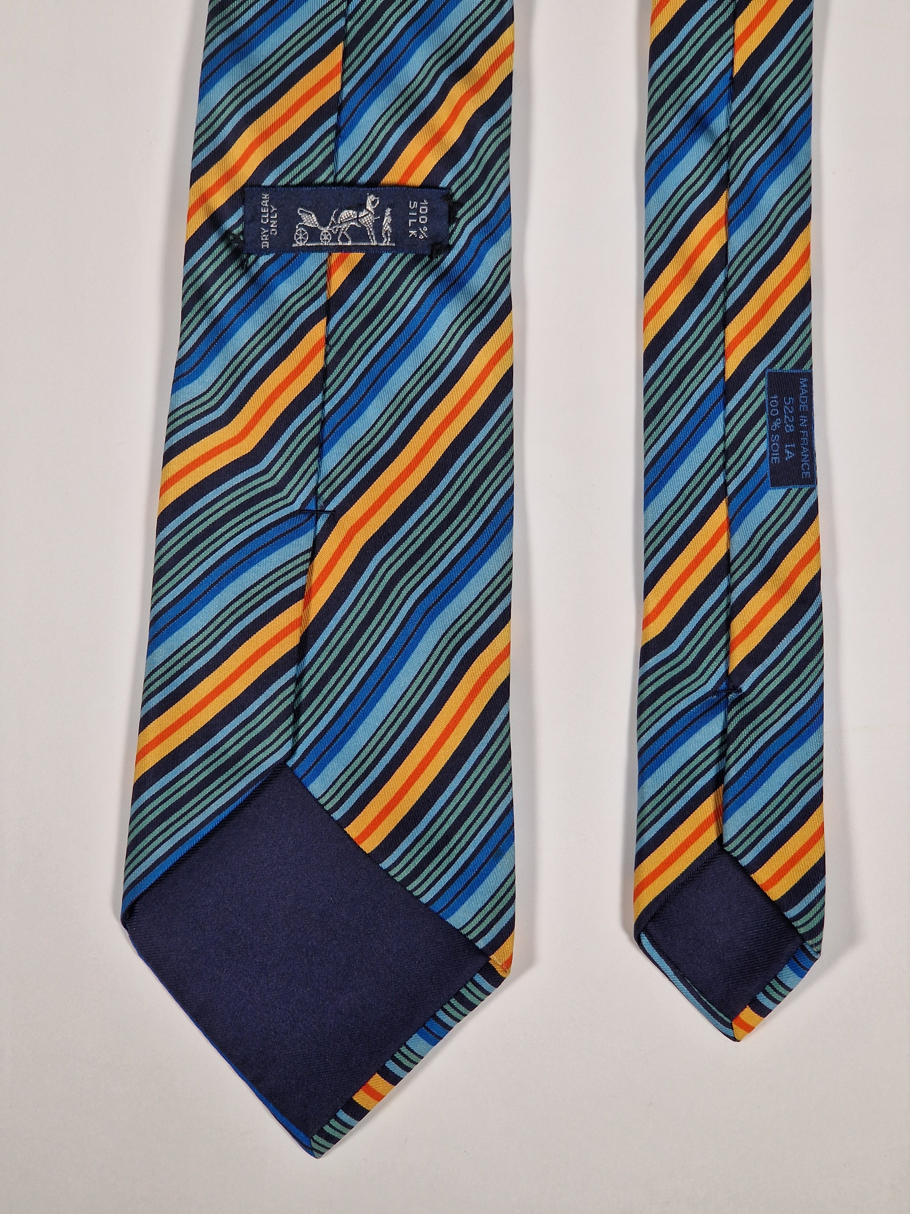 Hermès silk tie blue orangen green striped Hermès 5228 IA tie blue