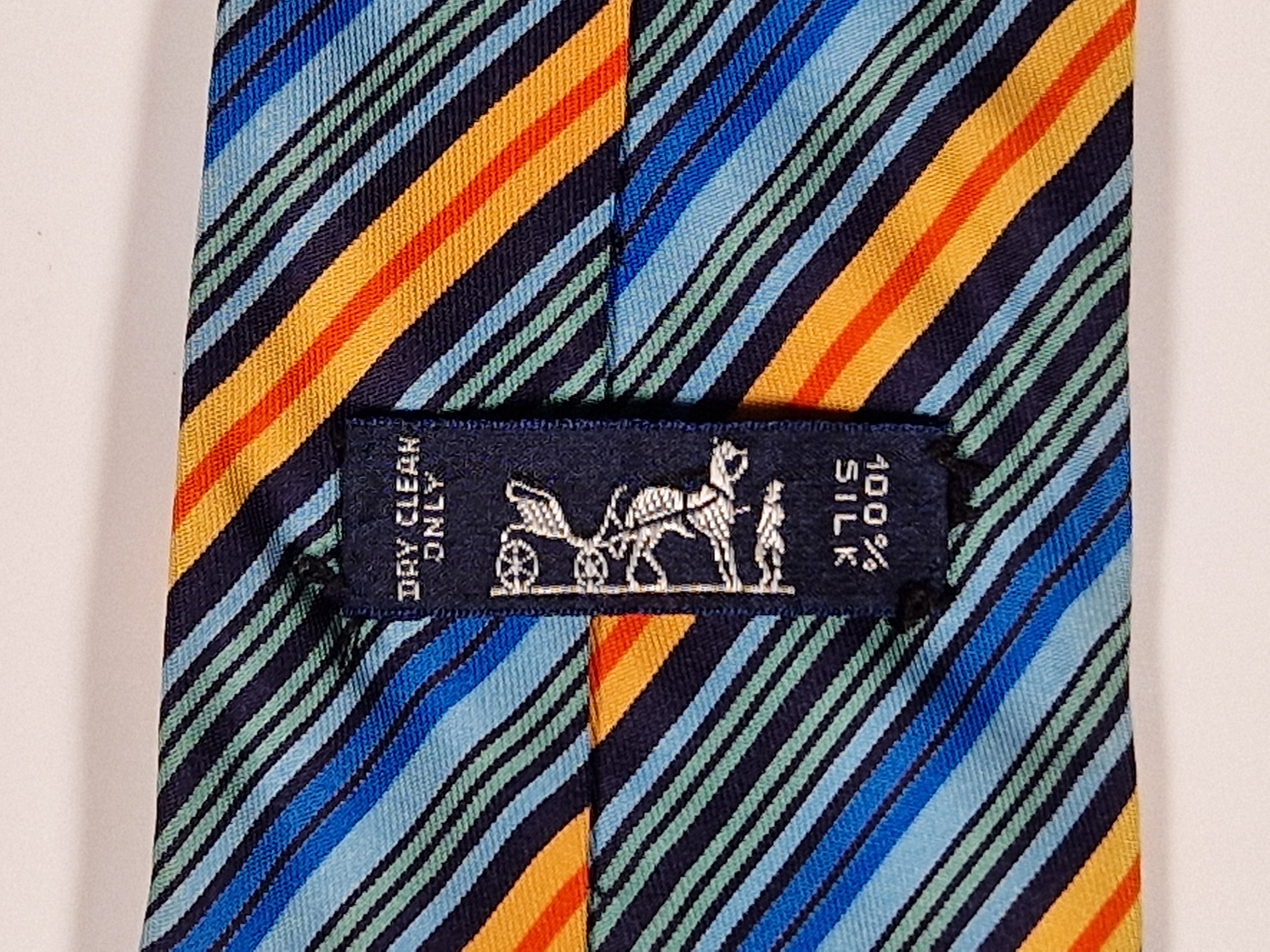 Hermès silk tie blue orangen green striped Hermès 5228 IA tie blue