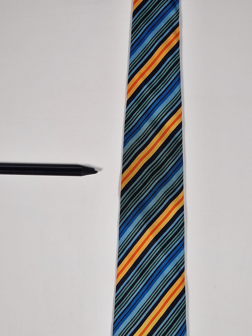 Hermès silk tie blue orangen green striped Hermès 5228 IA tie blue