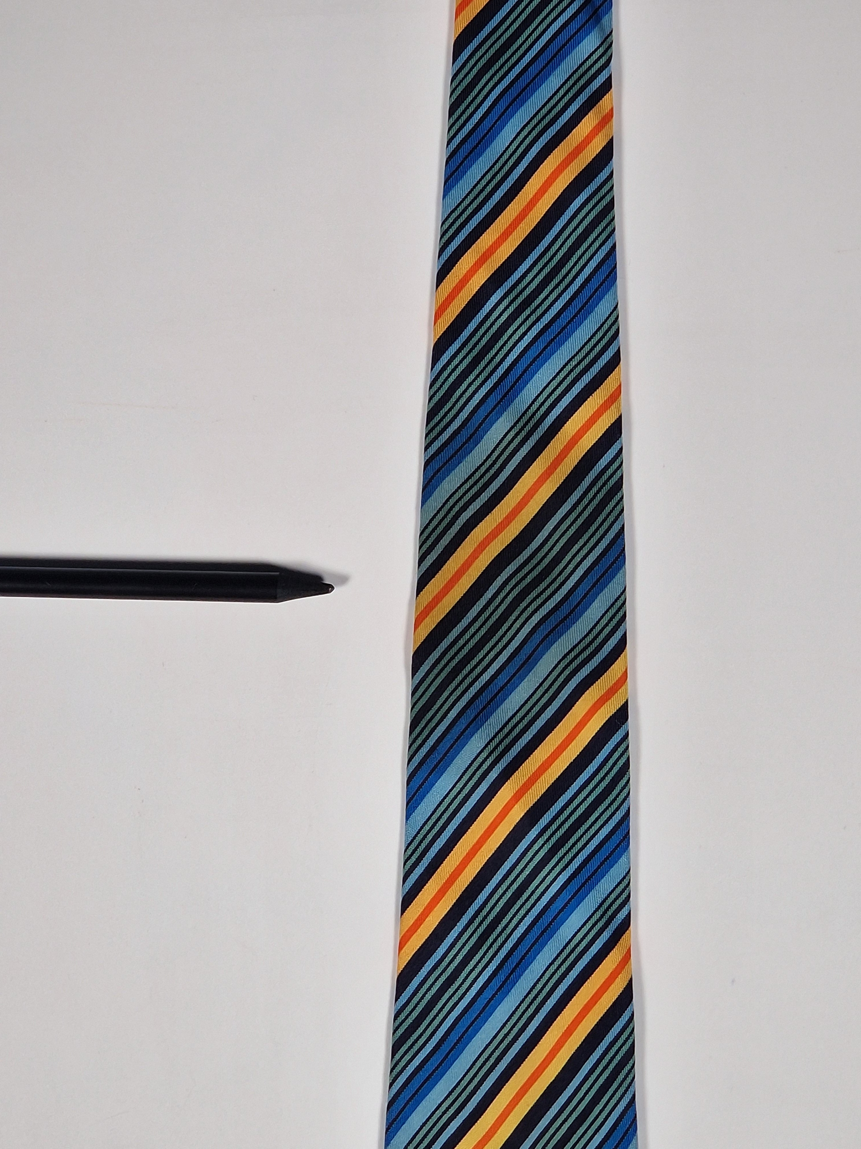 Hermès silk tie blue orangen green striped Hermès 5228 IA tie blue
