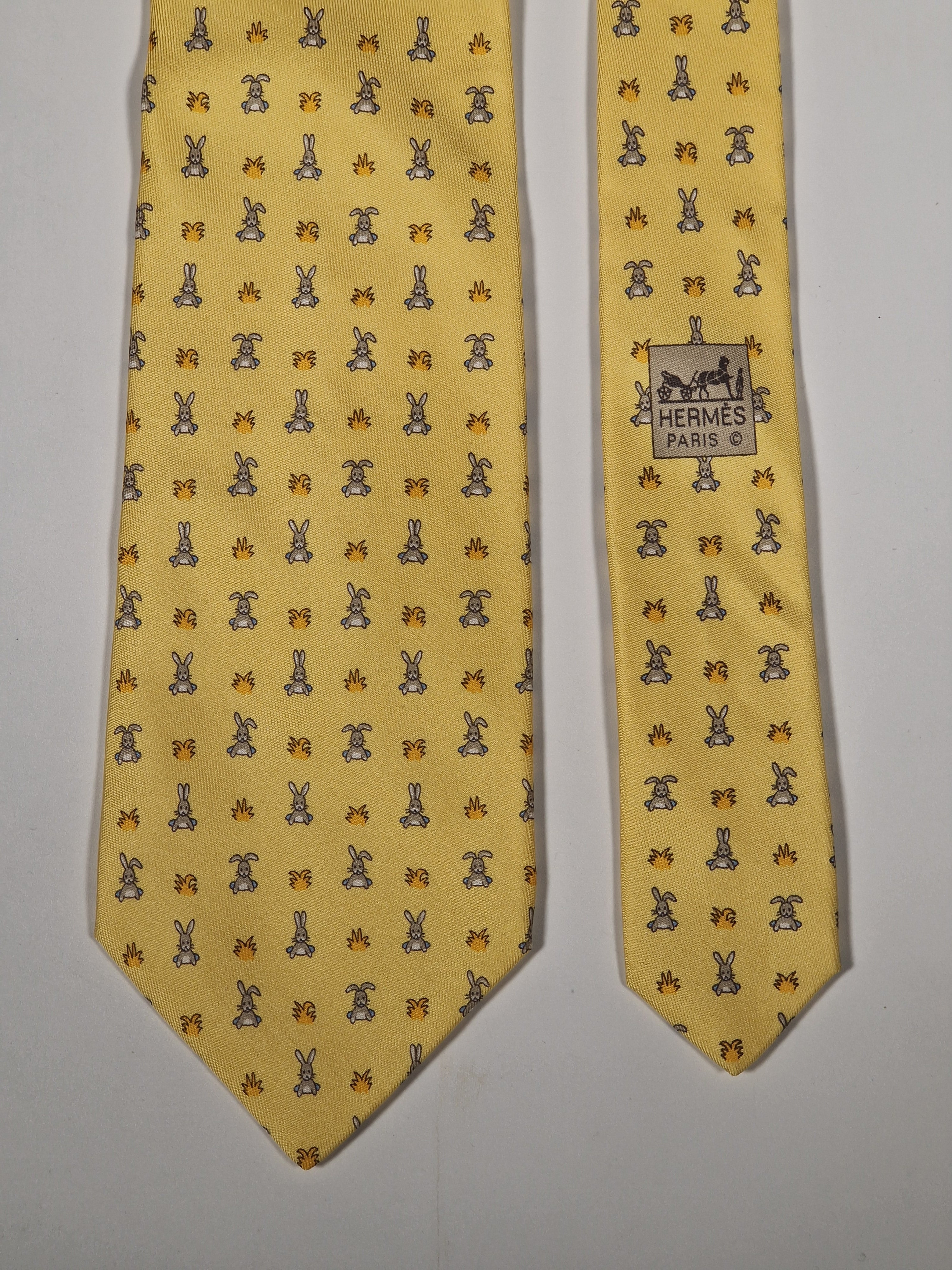 Hermès silk tie yellow whimsical rabbit pattern 5243 SA