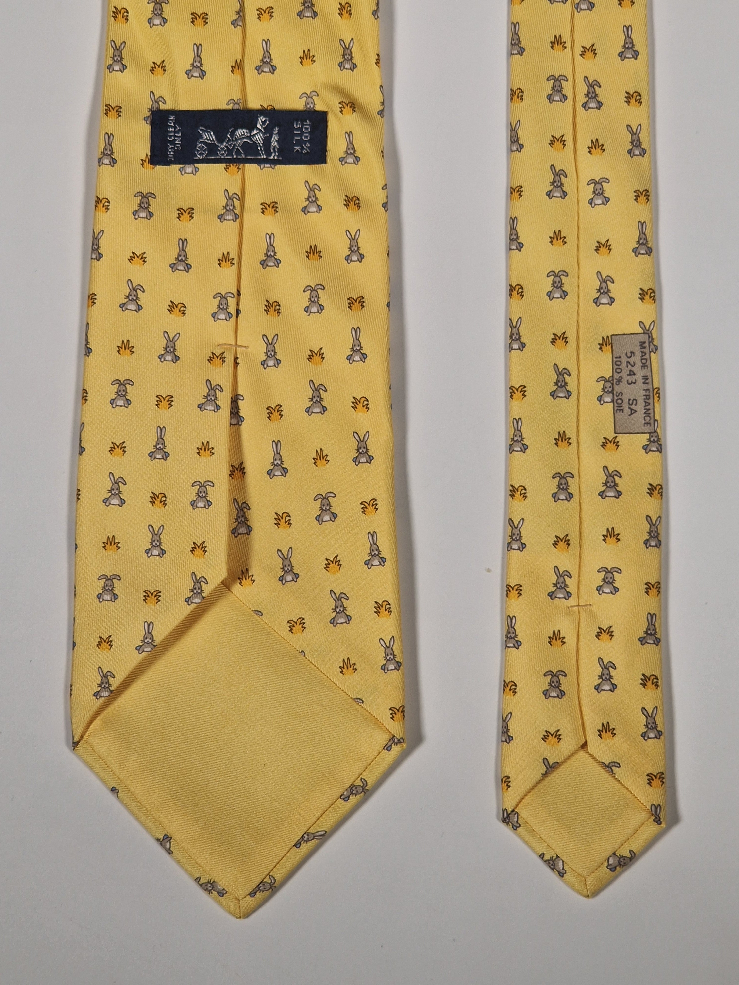 Hermès silk tie yellow whimsical rabbit pattern 5243 SA