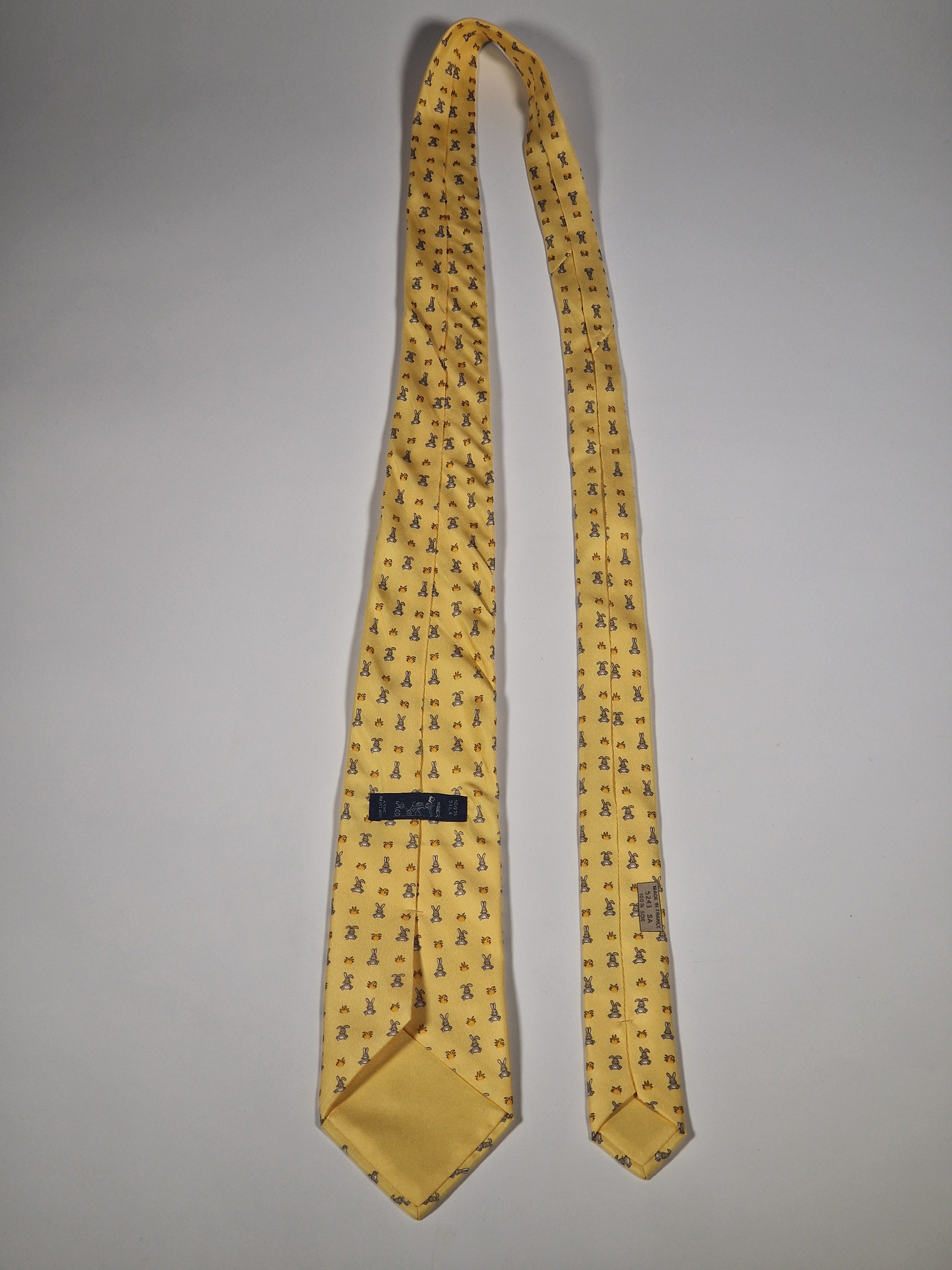 Hermès silk tie yellow whimsical rabbit pattern 5243 SA