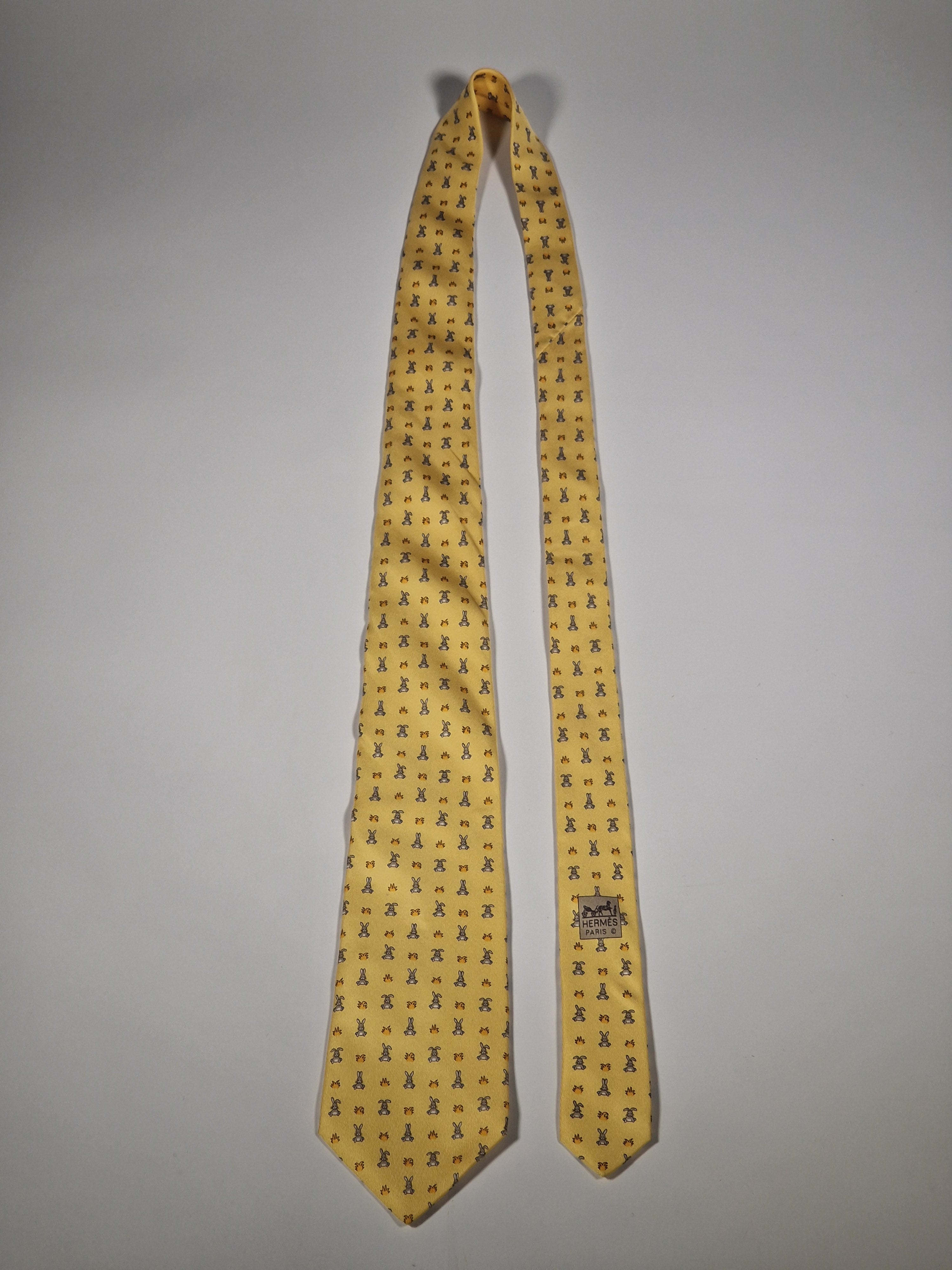 Hermès silk tie yellow whimsical rabbit pattern 5243 SA