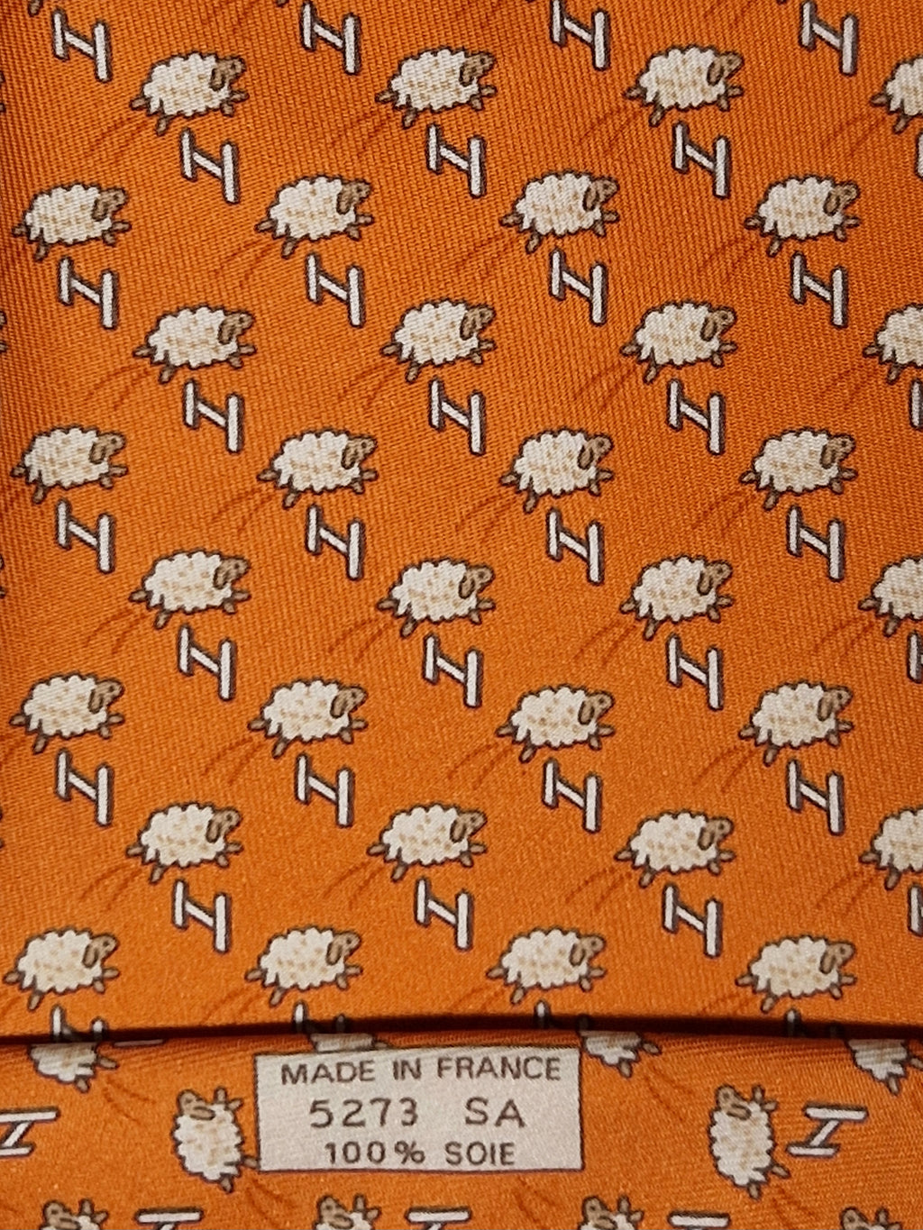 005273 Hermès tie orange whimsical jumping sheep 5273 SA