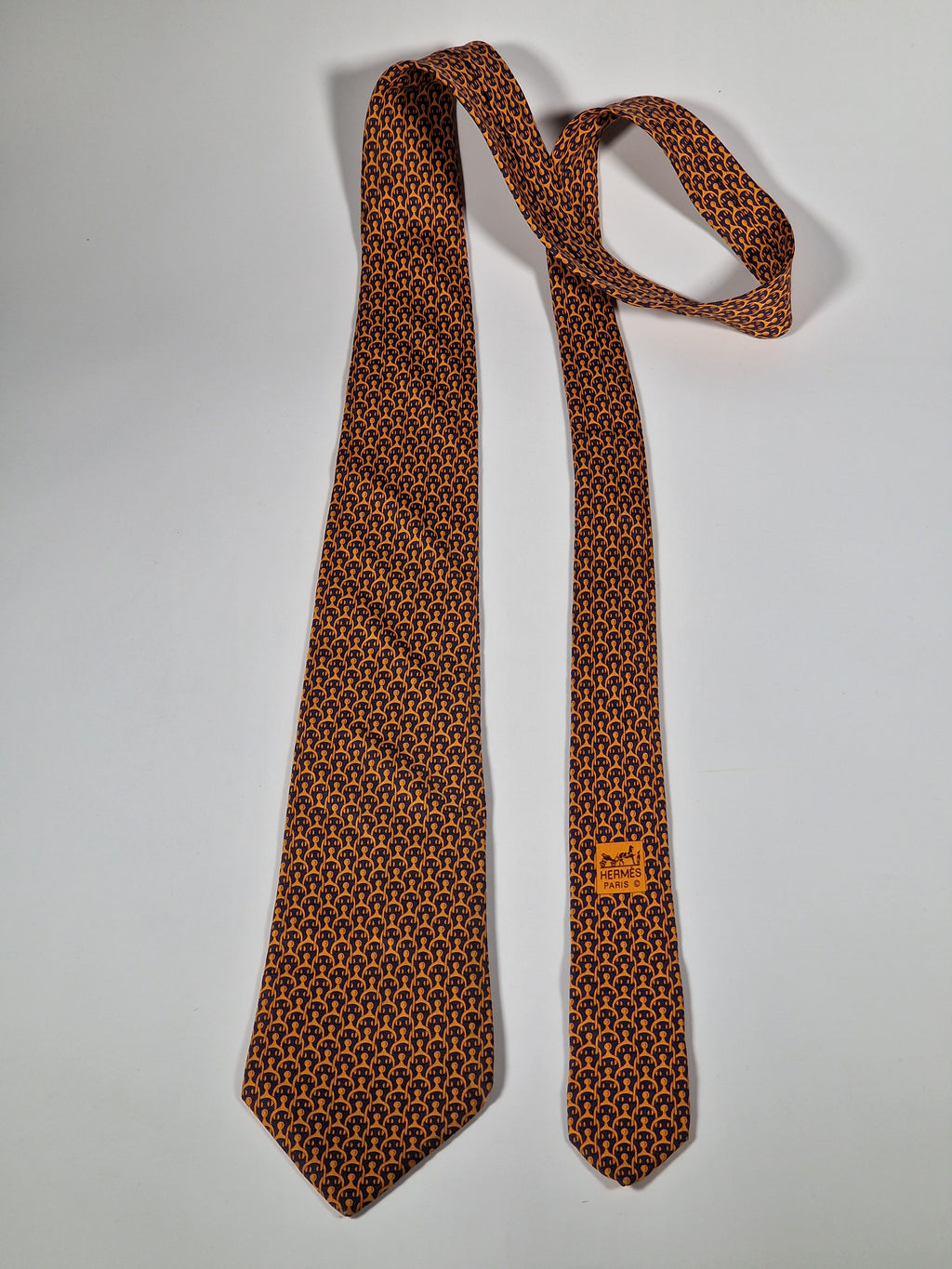 Hermès silk tie orange blue equestrian spur 5296 TA