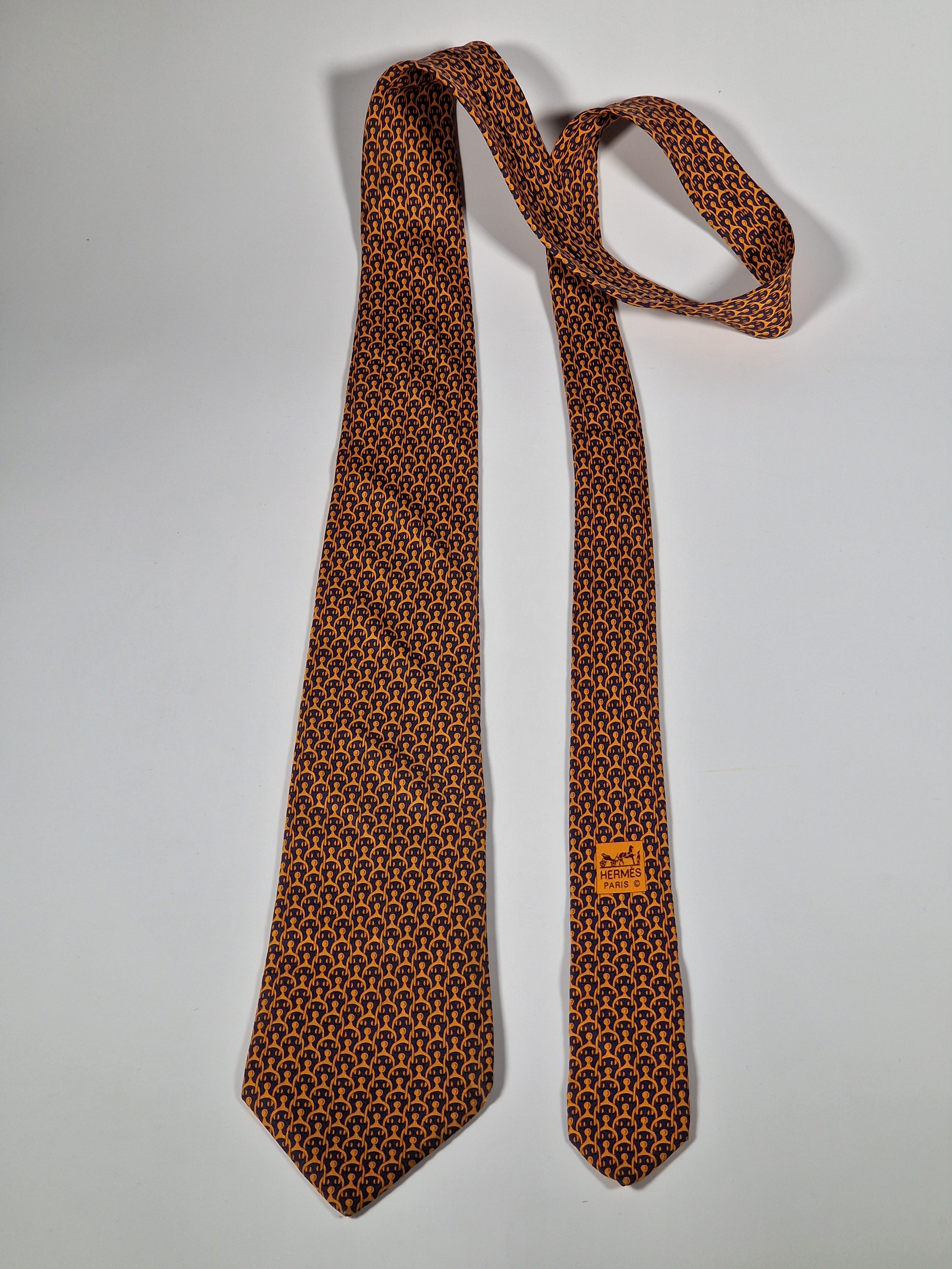 Hermès silk tie orange blue equestrian spur 5296 TA