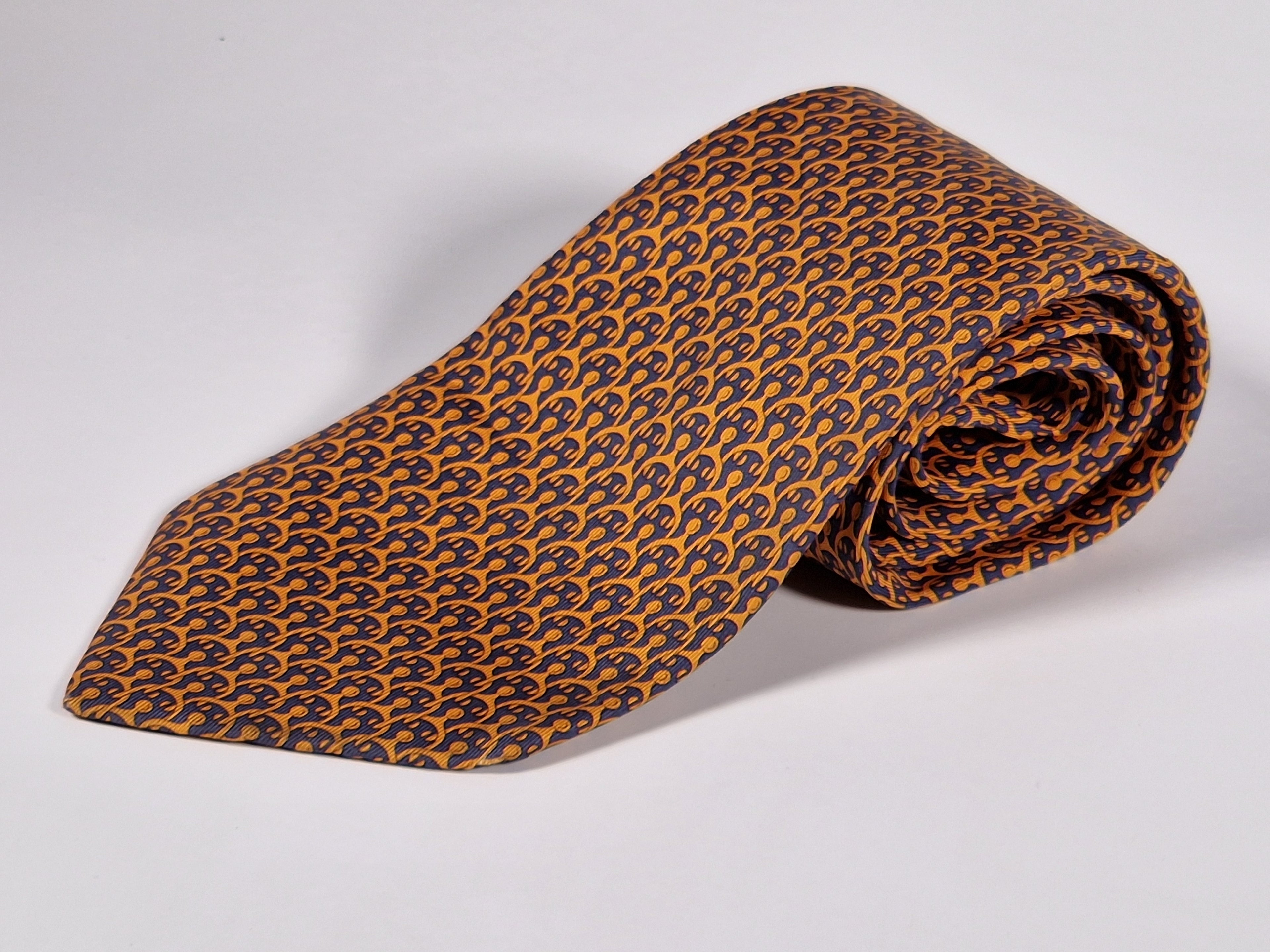 Hermès silk tie orange blue equestrian spur 5296 TA