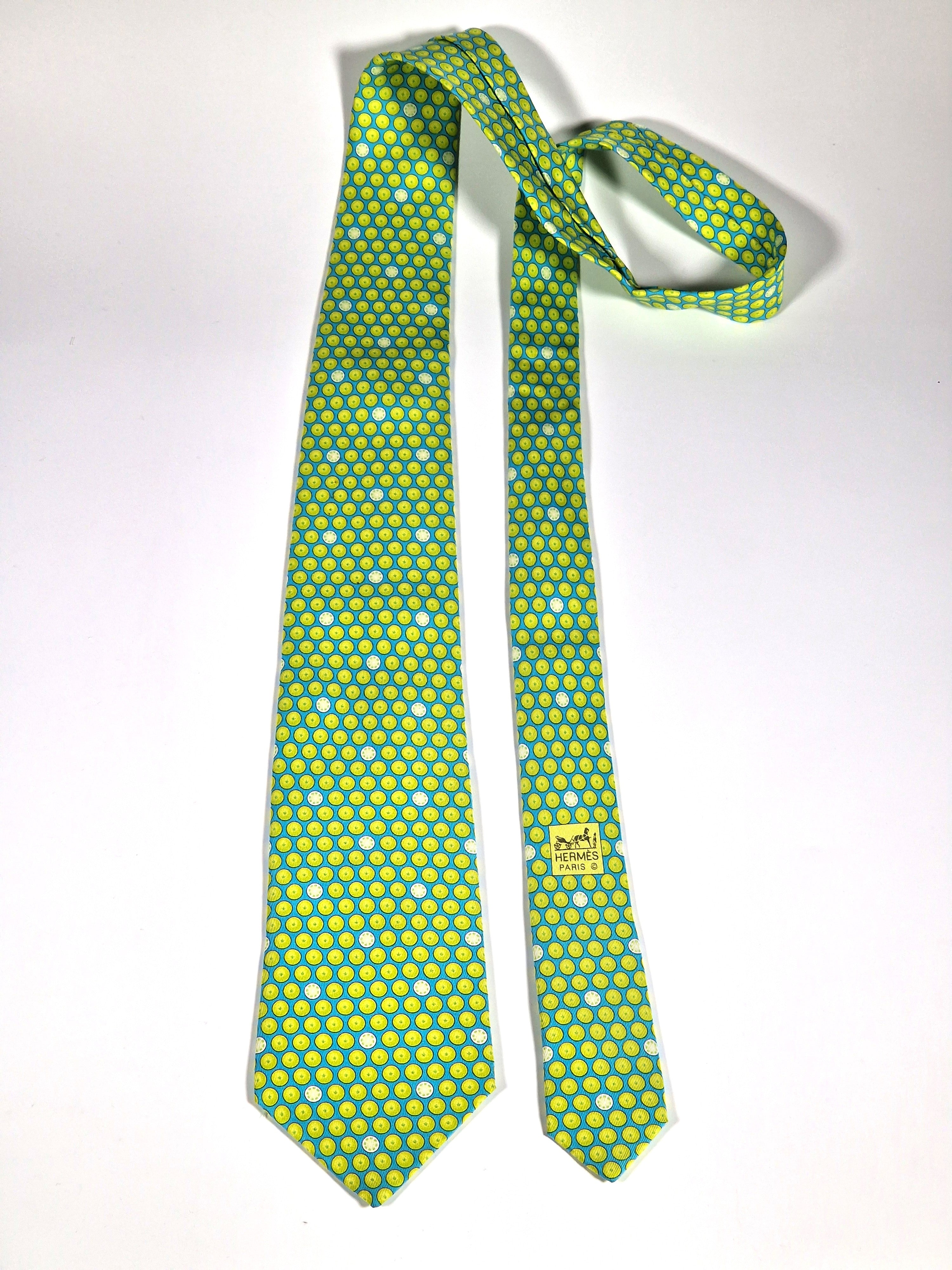 Hermés silk tie blue with lime fruit 5300 TA