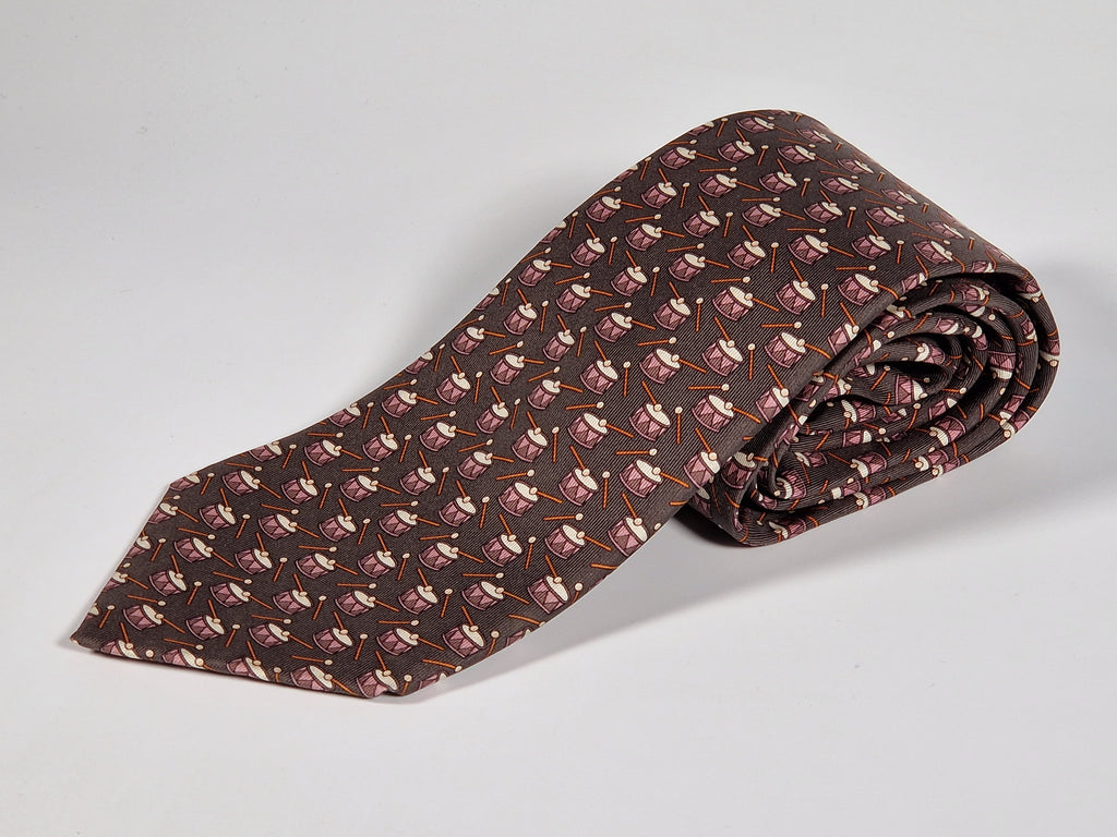 Hermès silk tie brown with drums 5345 TA