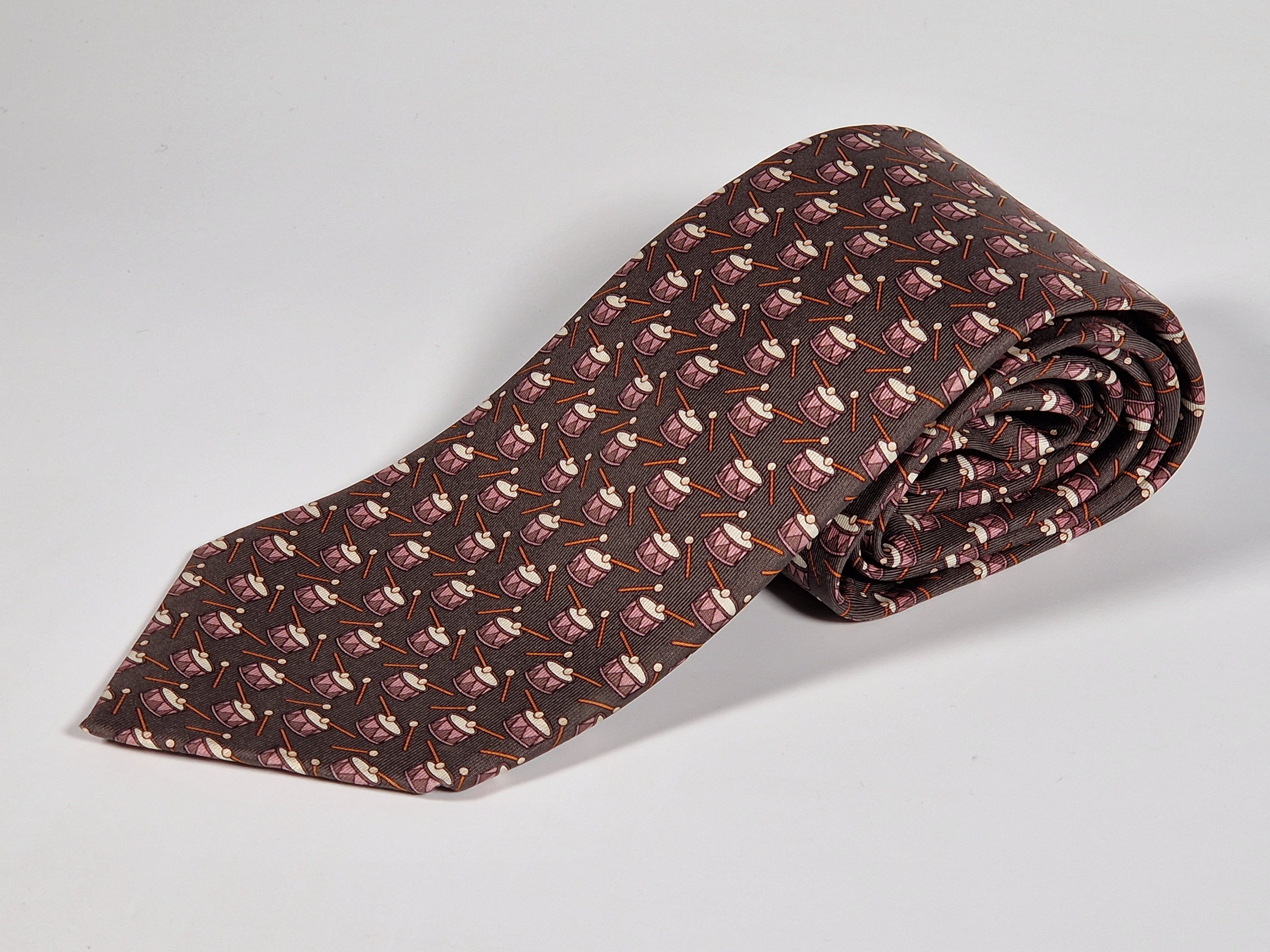 Hermès silk tie brown with drums 5345 TA
