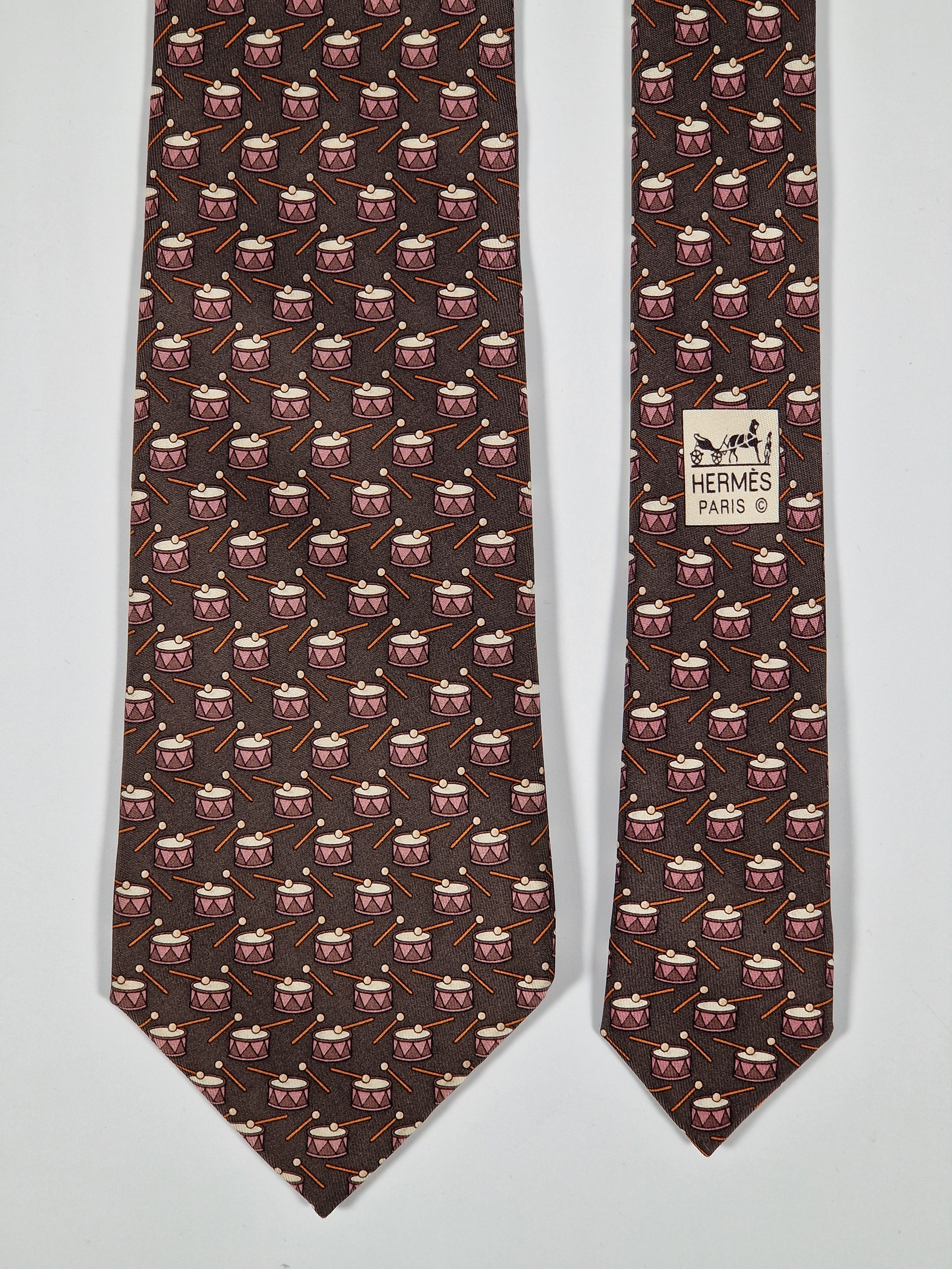 Hermès silk tie brown with drums 5345 TA