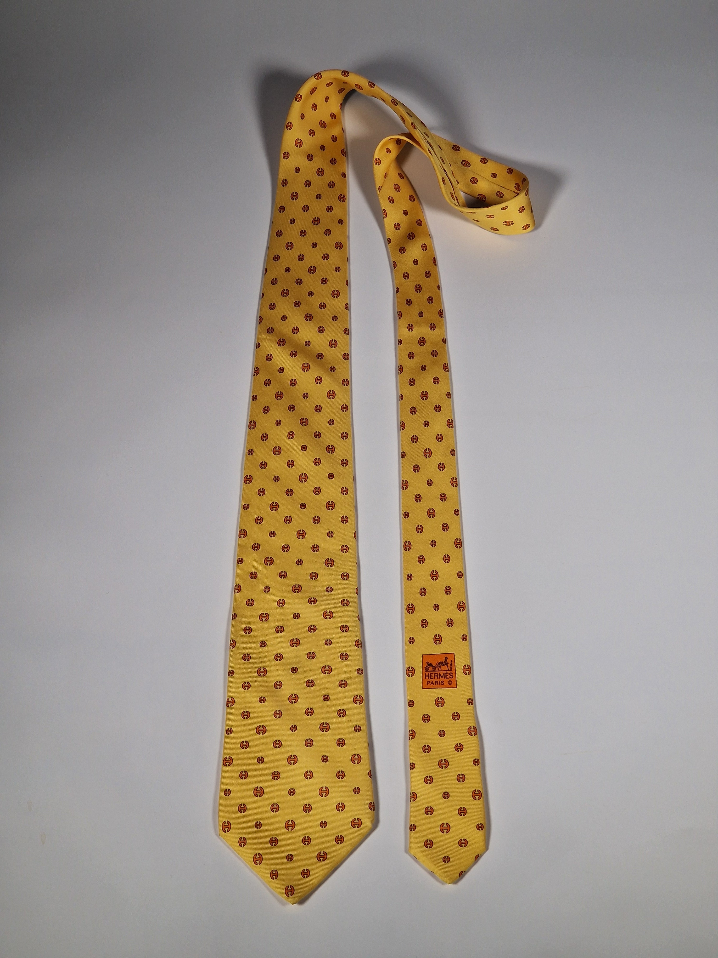 Hermès silk tie yellow H pattern 5361 OA