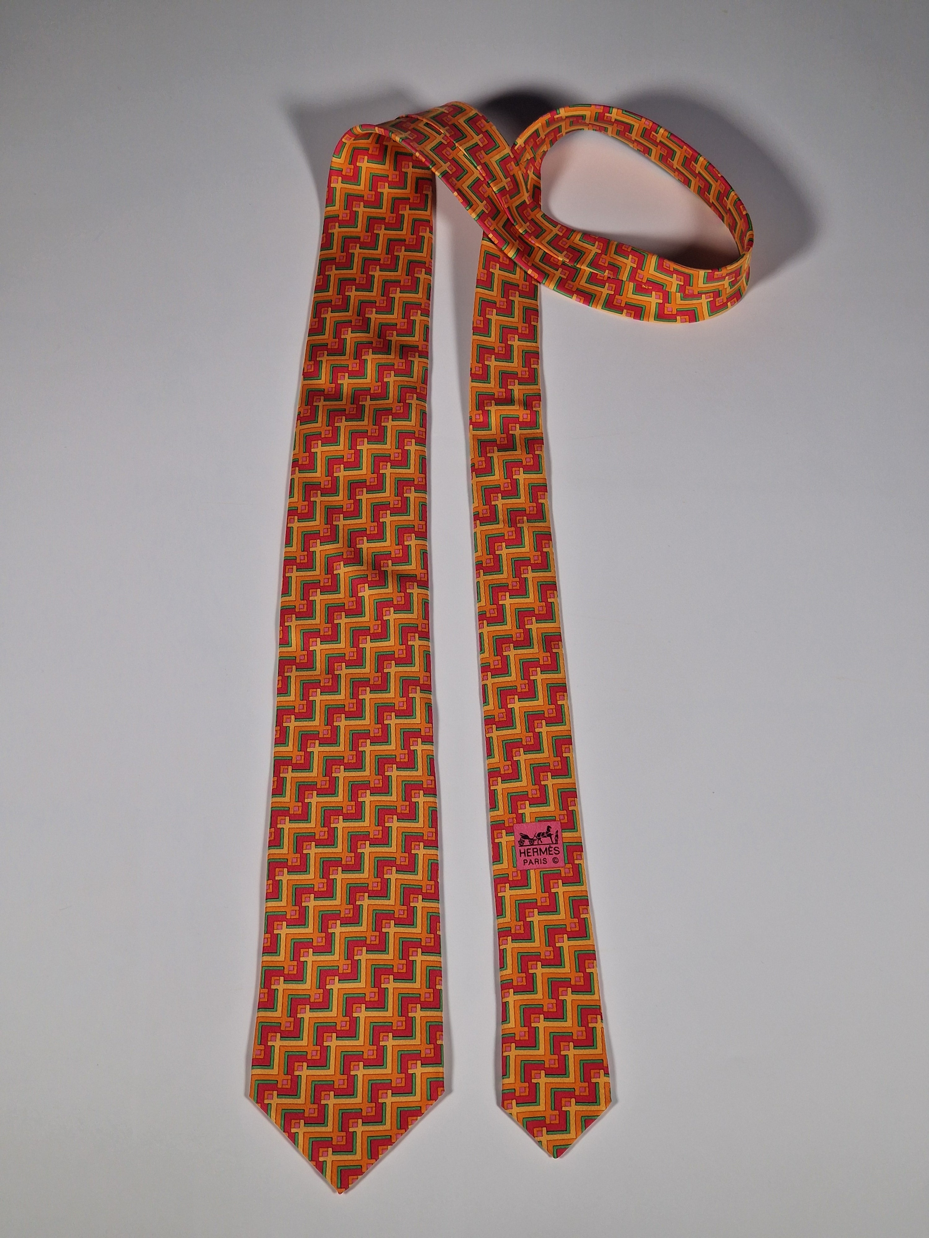 Hermès silk tie multicolor geometric pattern 5377 OA