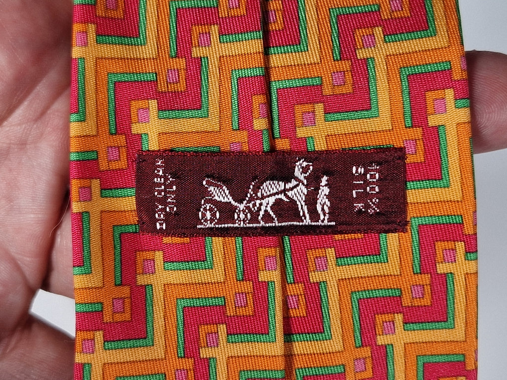 Hermès silk tie multicolor geometric pattern 5377 OA