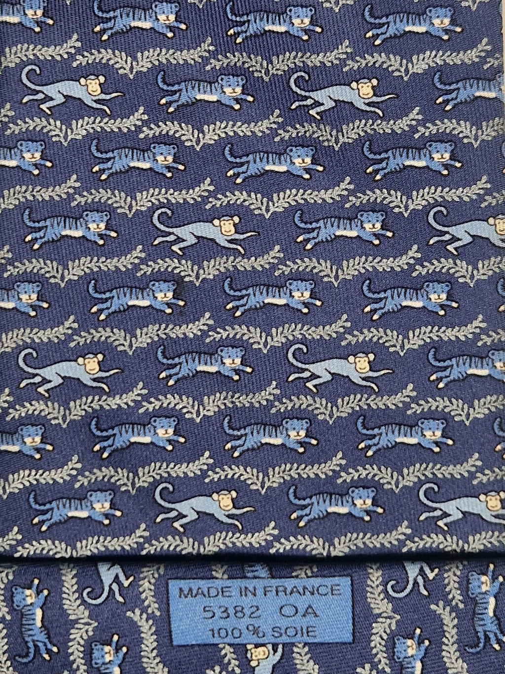 005382 Hermès tie blue tiger and monkey 5382 OA