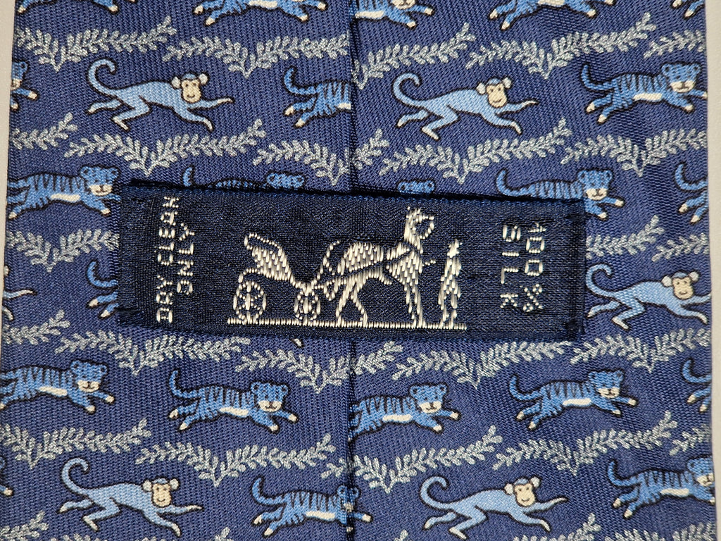 005382 Hermès tie blue tiger and monkey 5382 OA