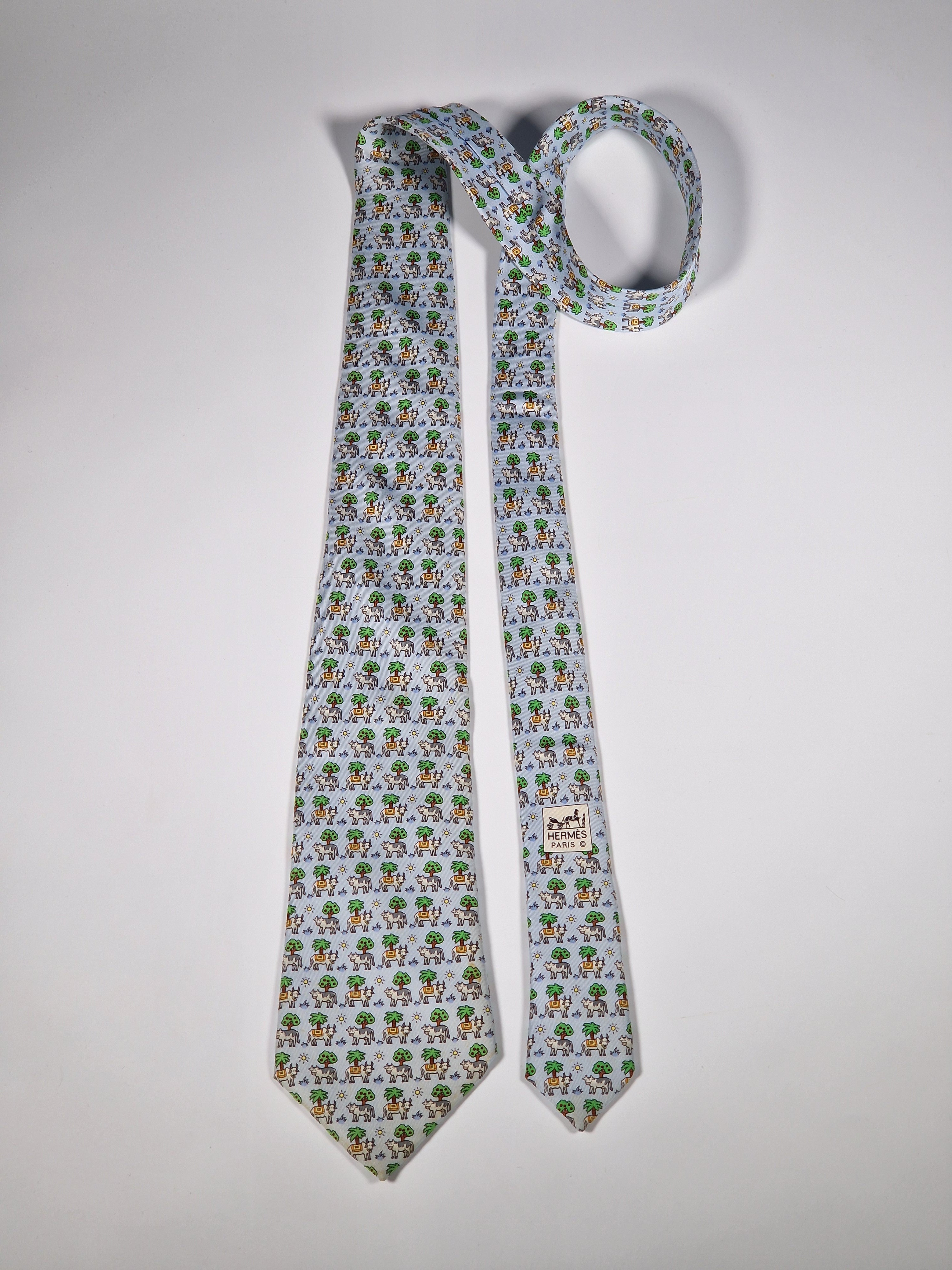 Hermès silk tie blue whimsical cow pattern 5383 OA