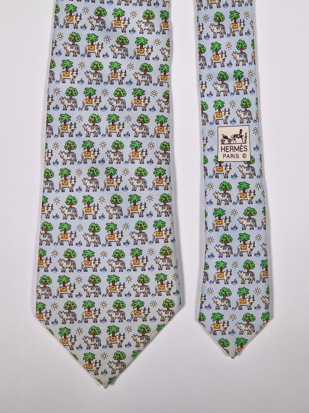 Hermès silk tie blue whimsical cow pattern 5383 OA