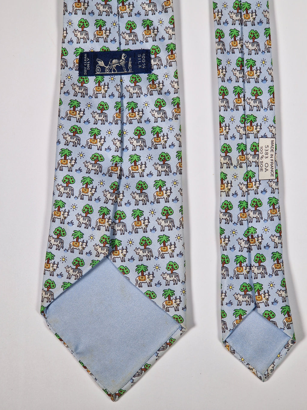 Hermès silk tie blue whimsical cow pattern 5383 OA