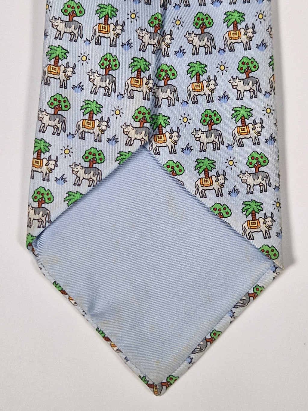Hermès silk tie blue whimsical cow pattern 5383 OA