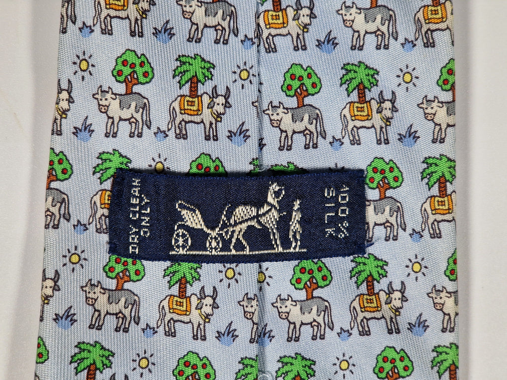 Hermès silk tie blue whimsical cow pattern 5383 OA