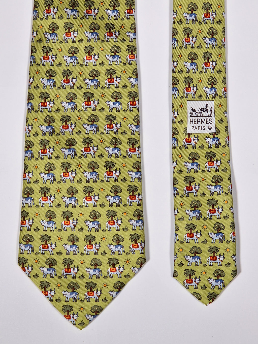 005383 Hermès tie green Whimsical cows pattern 5383 OA