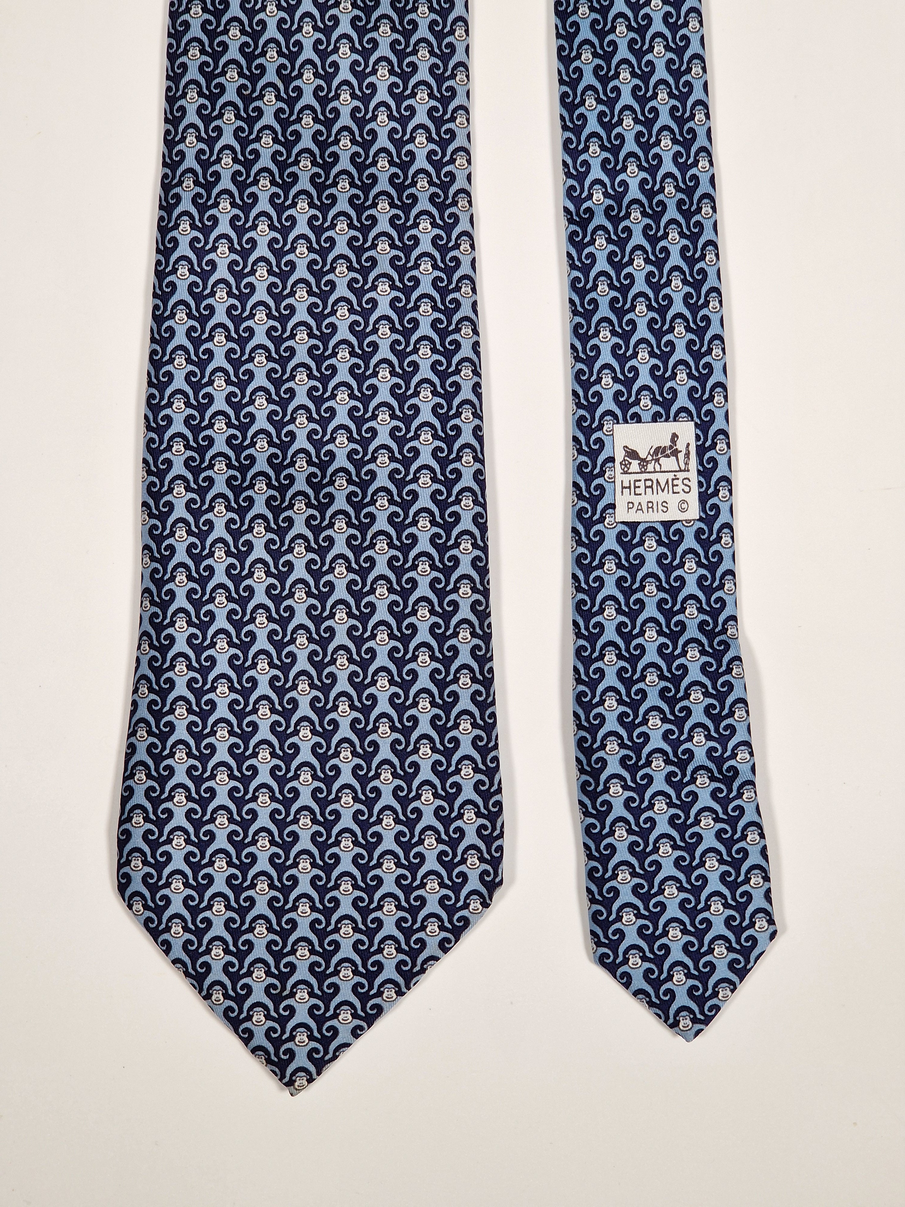 005384 Hermès silk tie blue whimsical monkeys 5384 OA