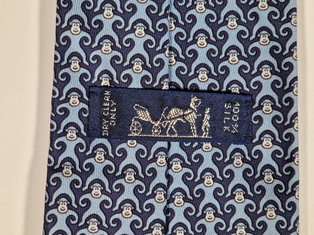 005384 Hermès silk tie blue whimsical monkeys 5384 OA