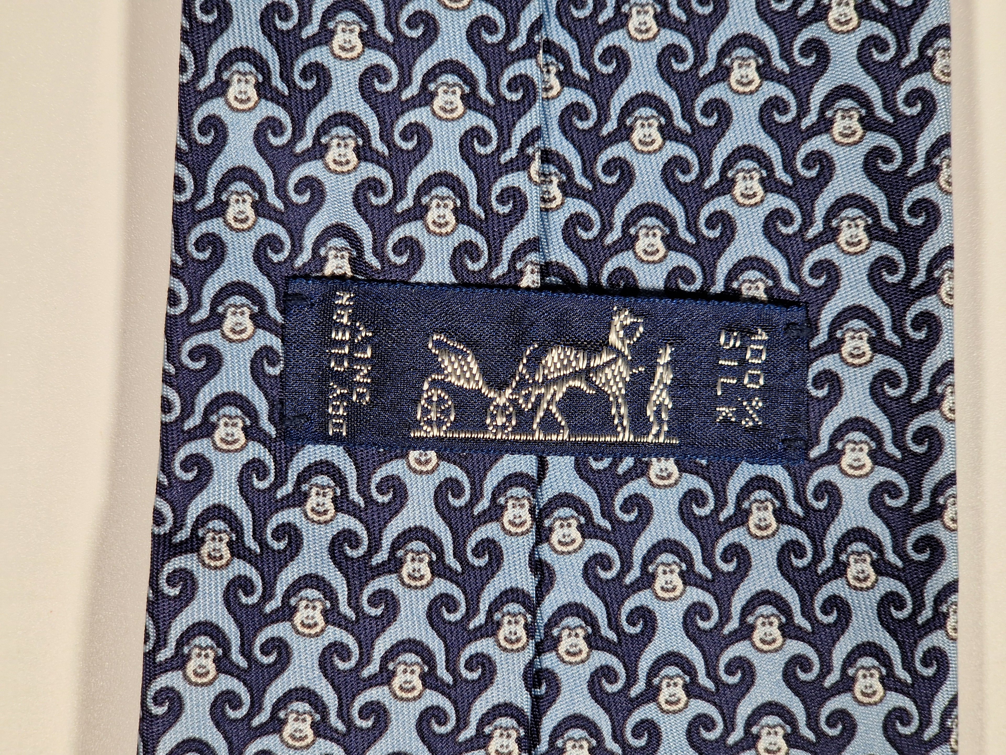 005384 Hermès silk tie blue whimsical monkeys 5384 OA