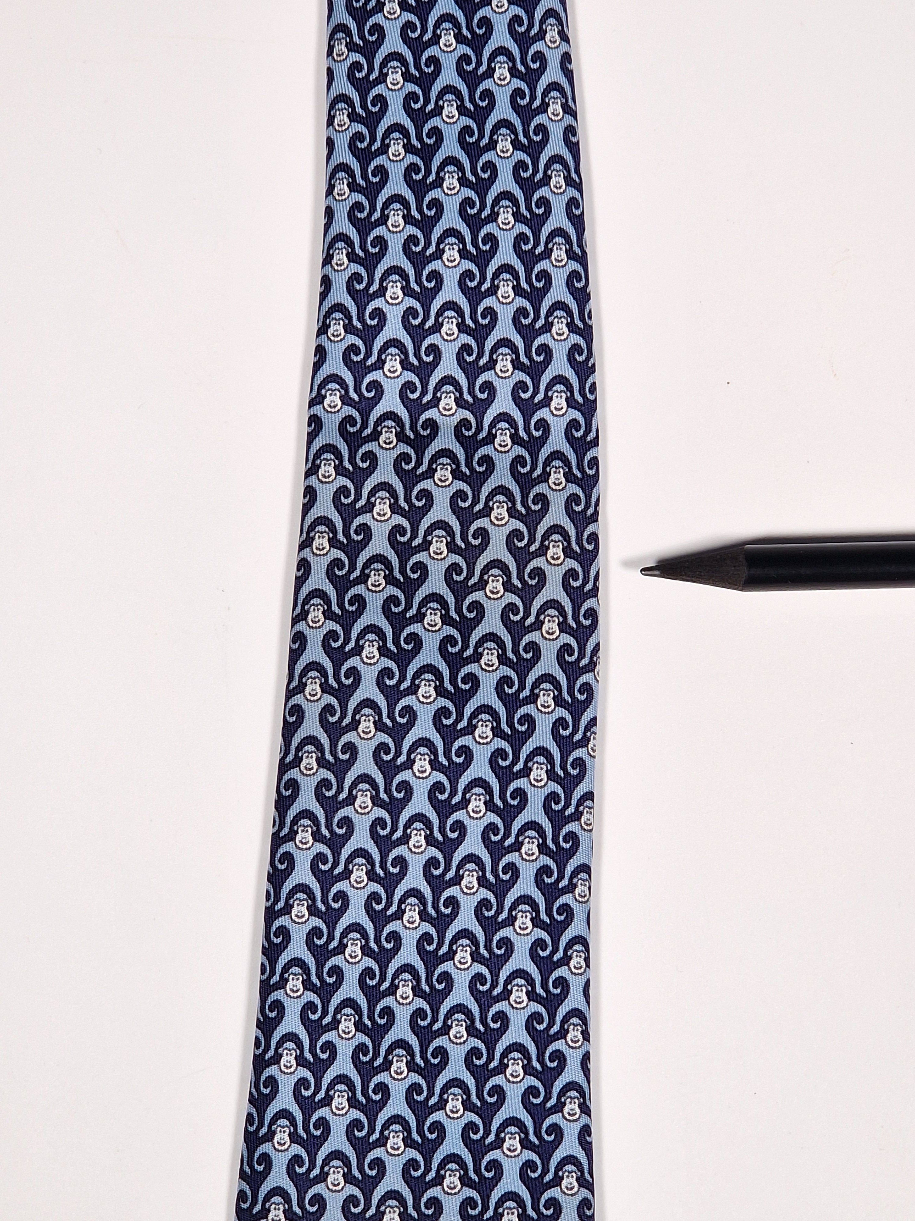 005384 Hermès silk tie blue whimsical monkeys 5384 OA
