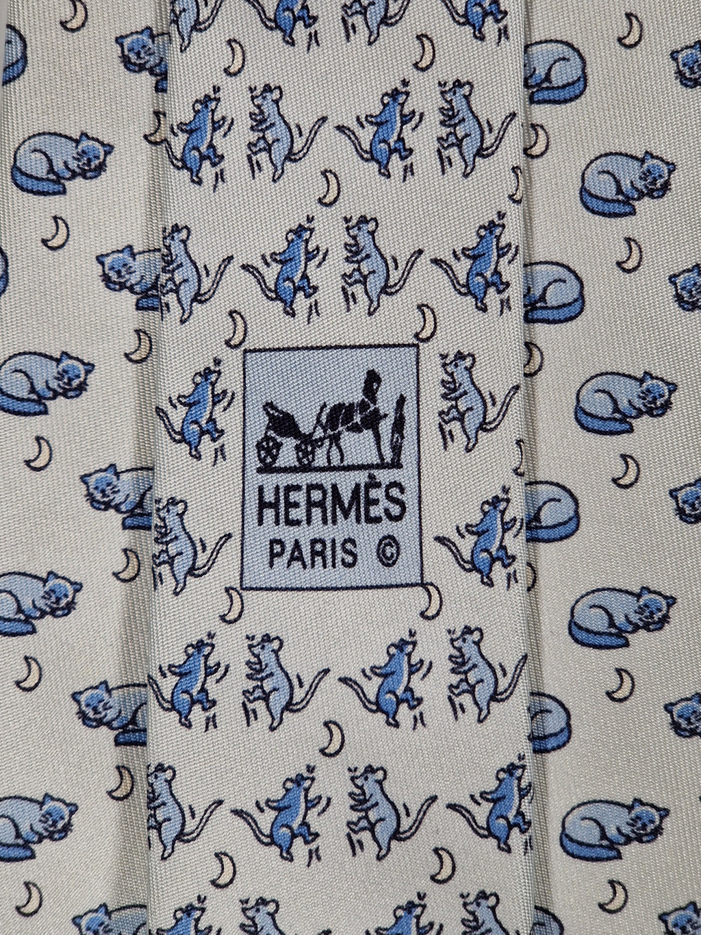 005415 Hermès tie blue whimsical cat and mouse pattern 5415 OA