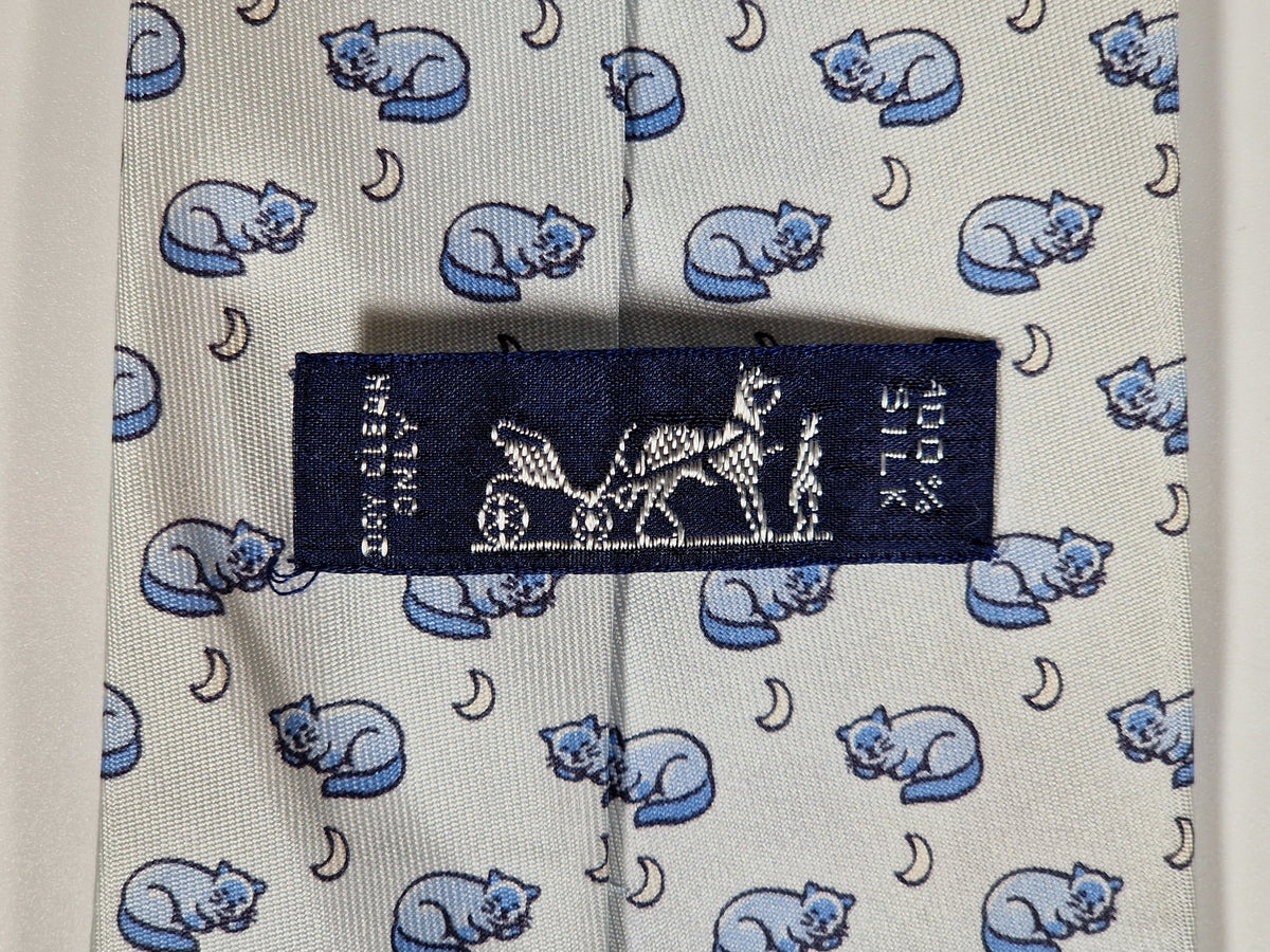 005415 Hermès tie blue whimsical cat and mouse pattern 5415 OA