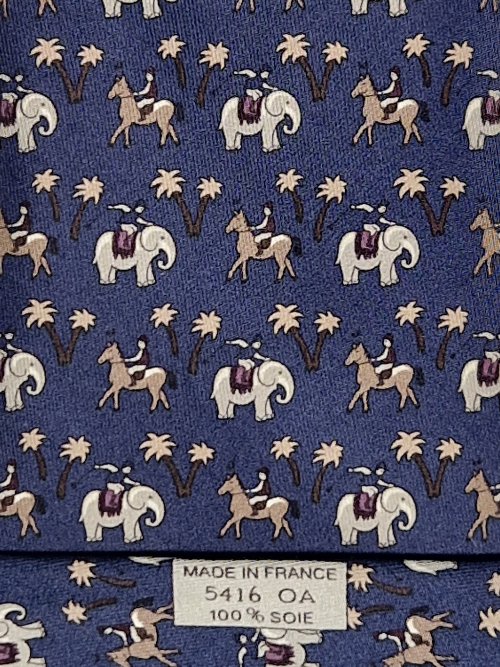 005416 Hermès tie blue whimsical jockeys on elephants 5416 OA