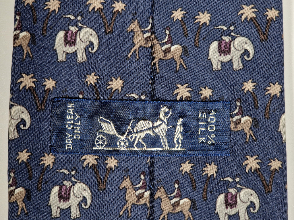 005416 Hermès tie blue whimsical jockeys on elephants 5416 OA