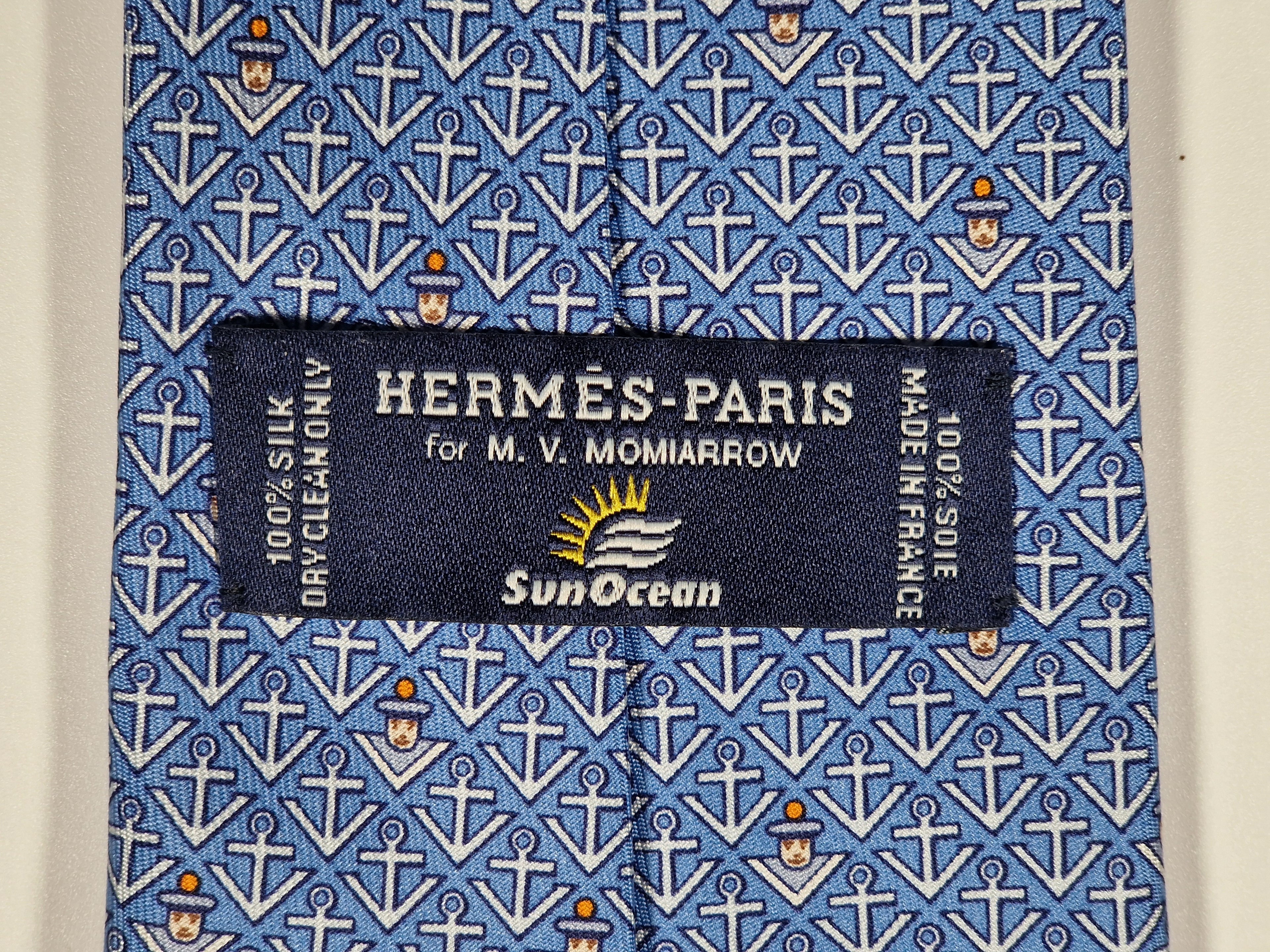 Hermès silk tie blue sailor and anchors "M.V.MOMIARROW SUNOCEAN" 5444 TA