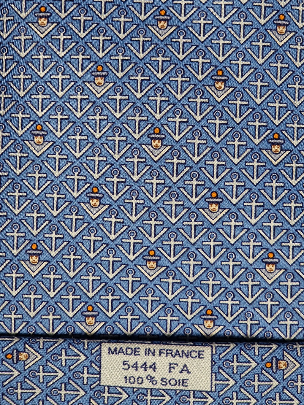 Hermès silk tie blue sailor and anchors "M.V.MOMIARROW SUNOCEAN" 5444 TA