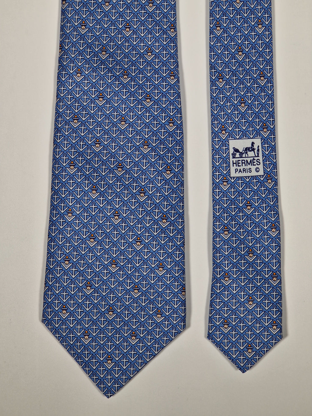 Hermès silk tie blue sailor and anchors "M.V.MOMIARROW SUNOCEAN" 5444 TA